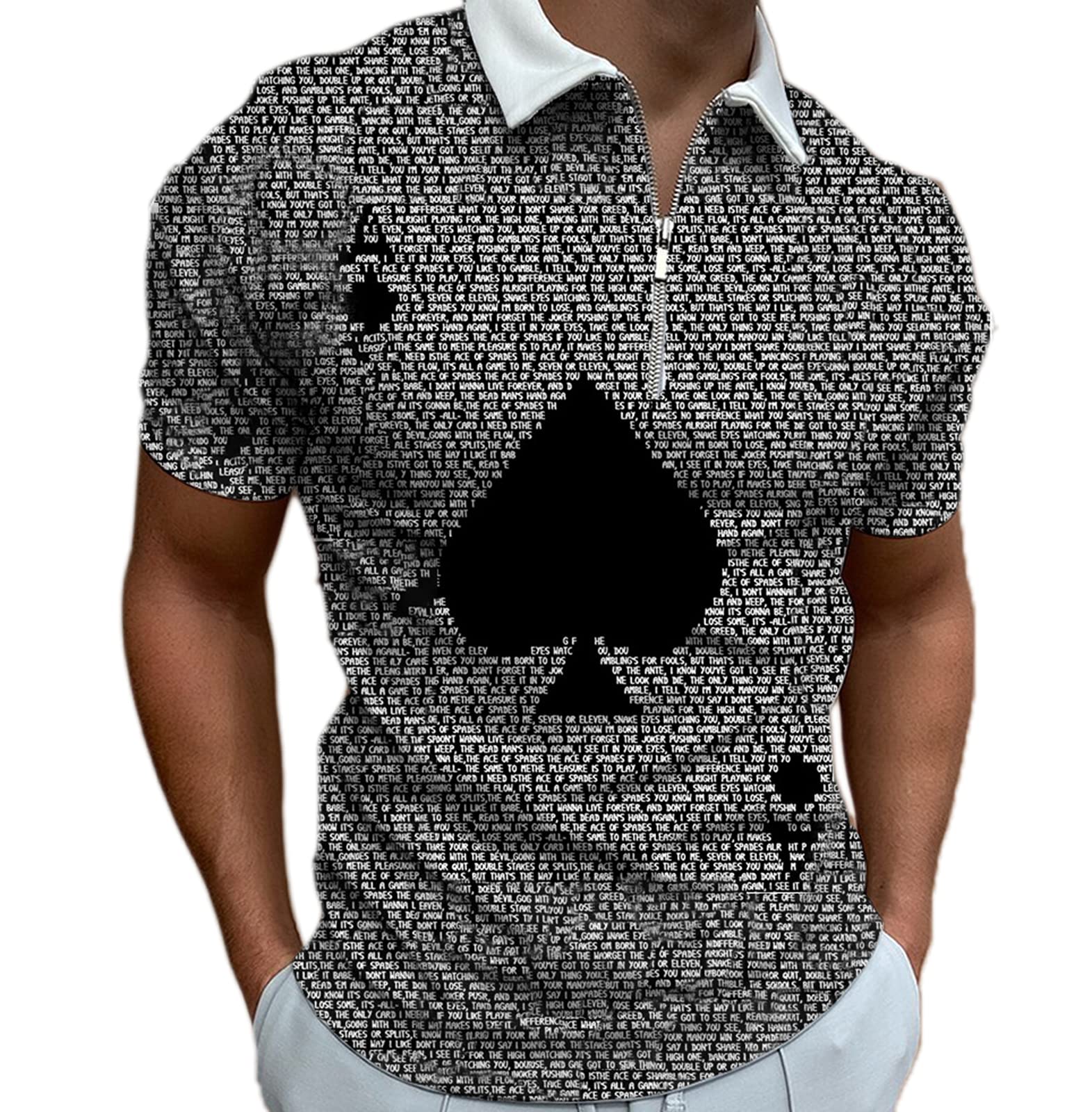 oneforus Men's Polo Shirt Poker Cross Printed Short Sleeve Zipper Lapel Summer Polo Shirts