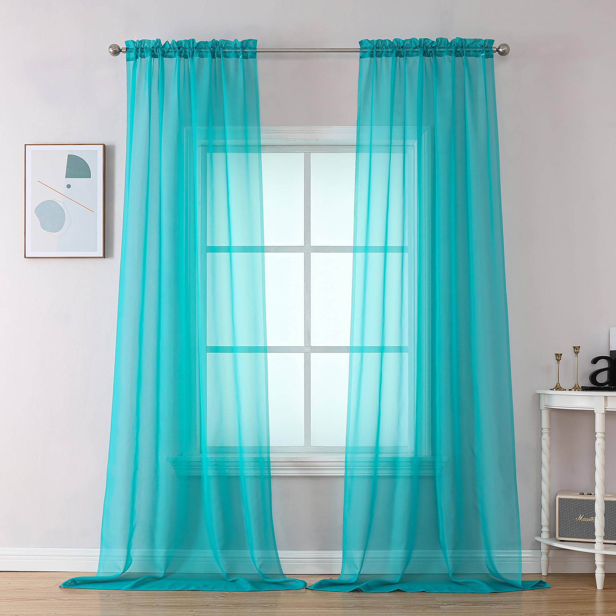 OVZME 2 Panels Sheer Window Curtain Panels 96" Length for Bedroom, Top Rod Pocket Design Window Treatment for Living Room, 42W x 96L inches, Turquoise