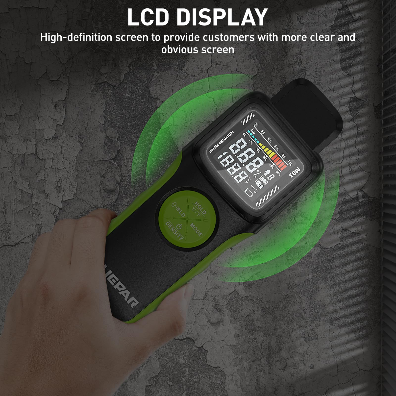 Misuratore di umidità – Huepar Igrometro Professionale con Modalità Pin e Senza Pin, Rilevatore di Umidità con Display LED e Allarme a 3 Colori, Igrometro Adatto per Pareti, Legno, Intonaco, Muratura