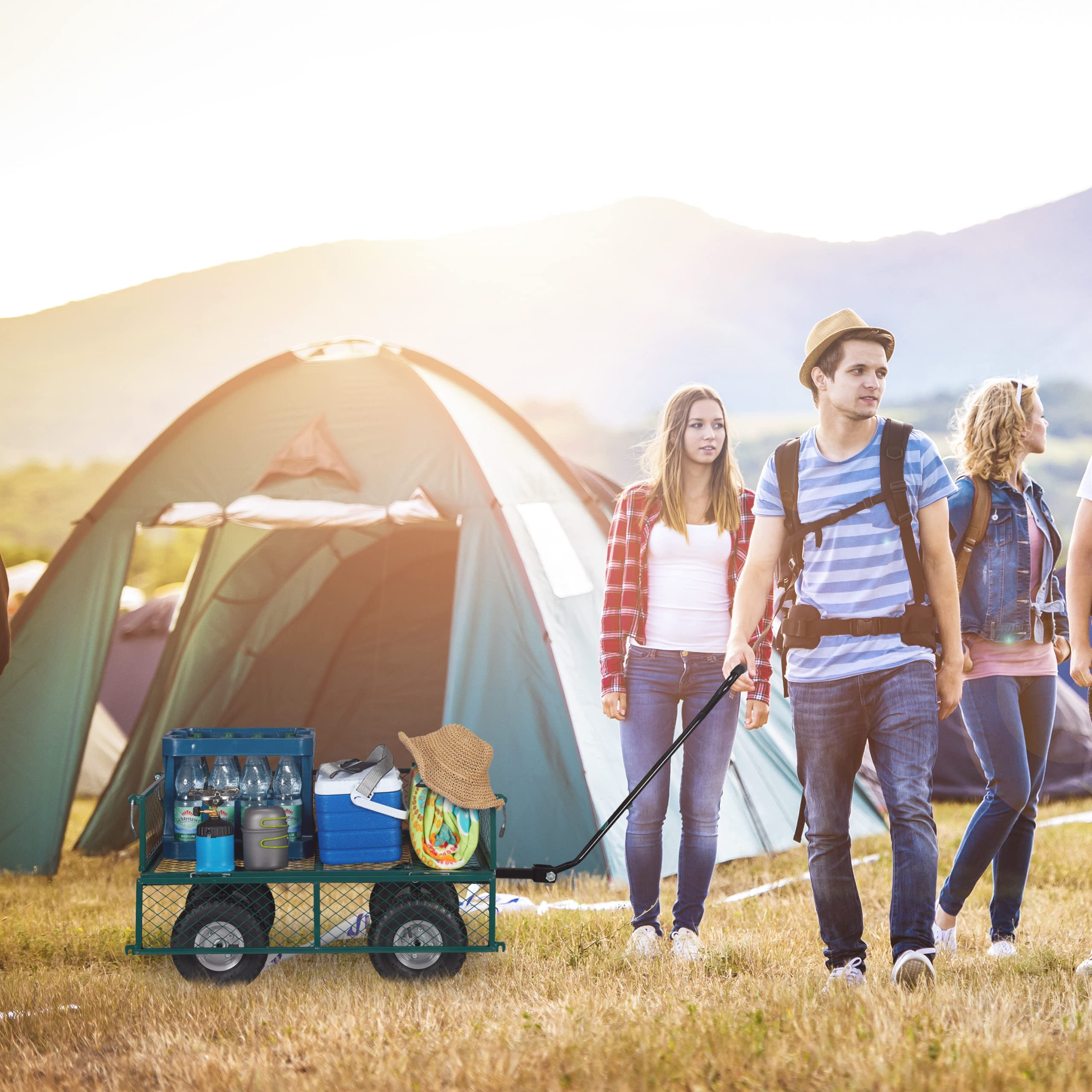 Relaxdays Handwagen, praktischer Bollerwagen für den Garten, mit Luftbereifung, klappbare Seitenteile, bis 200 kg, grün