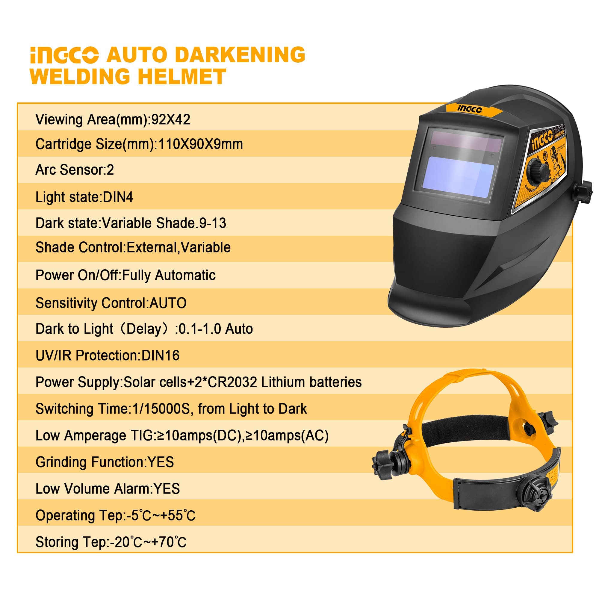 Ingco Auto-Darkening Welding Helmet, 92×42mm Large Viewing Welding Hood, 1/1/1/2 Light State:DIN 4, Battery Powered, 2 Arc Sensor Wide Adjustable Shade Welder Mask for TIG MIG/MAG MMA Plasma - Image 5 thumbnail
