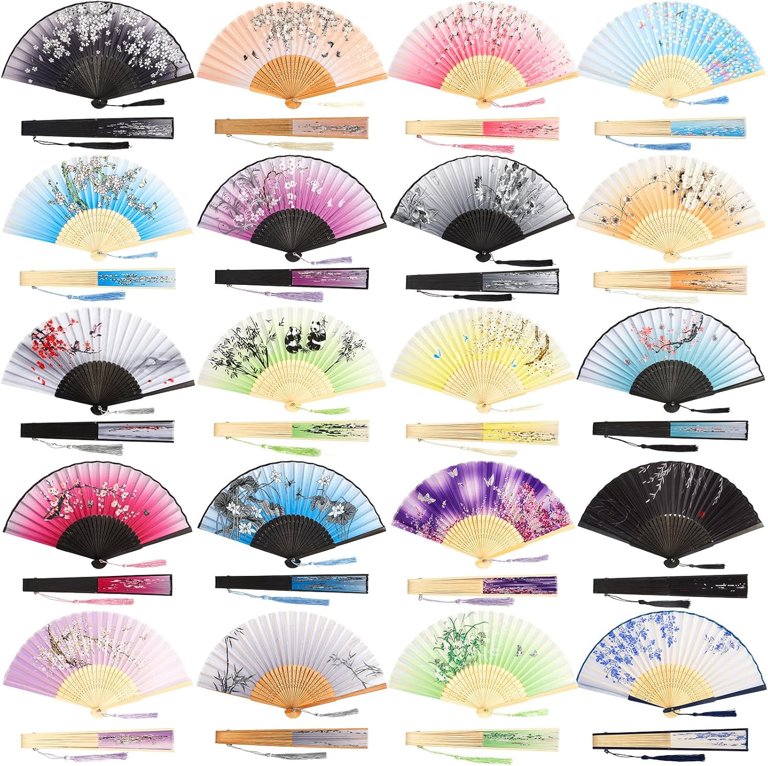 Yulejo 20 Pcs 8.27" Floral Hand Fan for Women Foldable Bamboo Asian Chinese Japanese Line Dance Fan with Tassel Women's Hollowed Bulk Gift for Party, Dance & Home(Fresh Style)