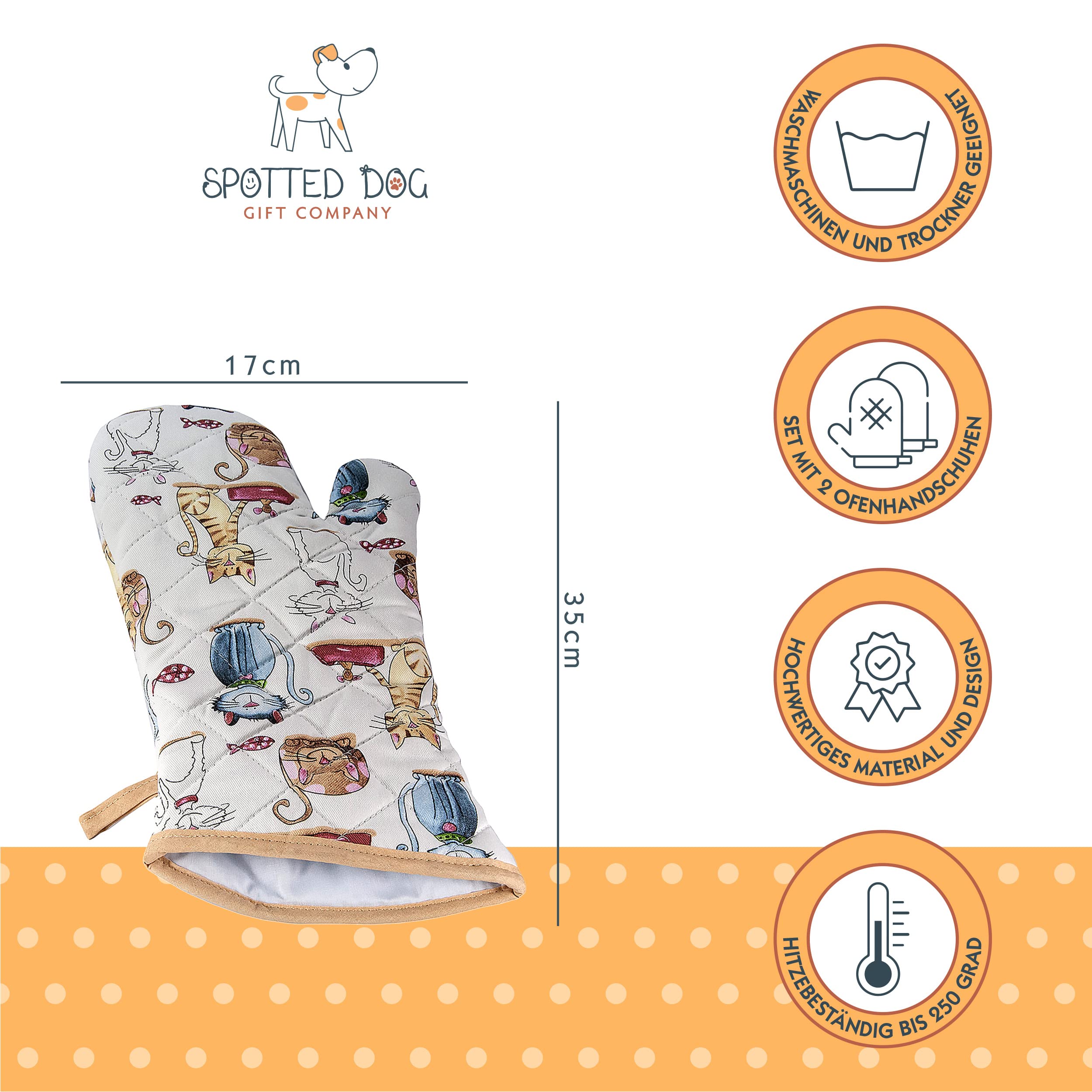 SPOTTED DOG GIFT COMPANY - Backhandschuhe Hitzebestaendig, Topfhandschuhe Ofenhandschuhe Lang mit Niedliches Katze und Katzen-Motiv