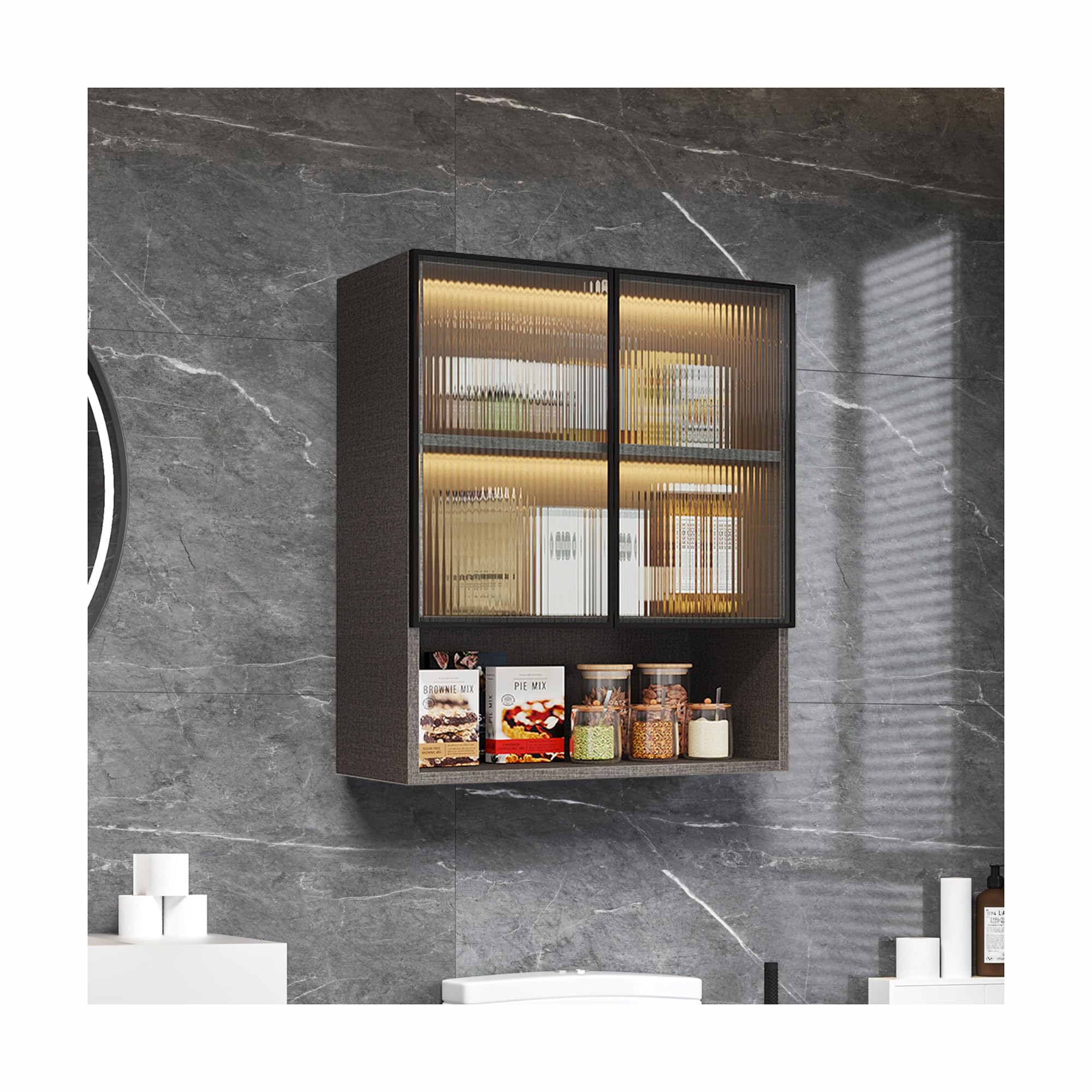 Armadietto da parete con luce LED e ante scorrevoli, salvaspazio, per bagno sopra il WC, per dormitori e cucine Colle