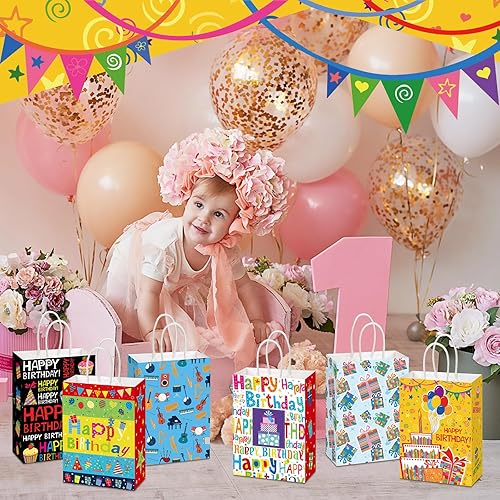 Miniatura 5 de Outus 24 bolsas de regalo de feliz cumpleaños, bolsas de regalo de fiesta de cumpleaños a granel con asas, bolsas de papel de cumpleaños, bolsas de