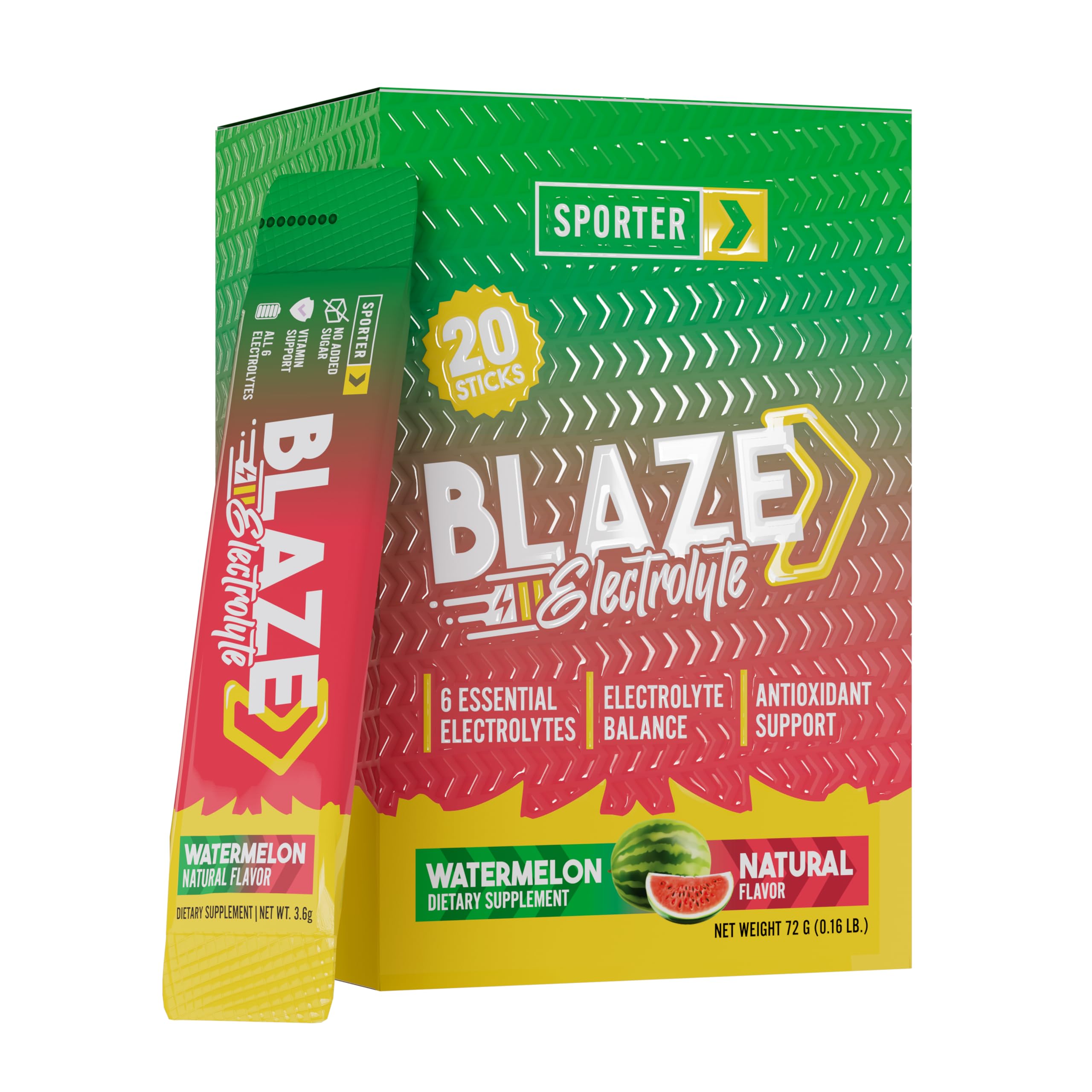 Sporter Blaze Electrolyte Powder - 20 Sachet Sticks - Sugar-Free Hydration with 6 Essential Electrolytes & Minerals, Vitamin C, B12 & Zinc - For Hydration & Recovery (20 Sachets Sticks, Watermelon)
