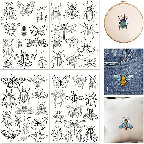 PRESSINART 51 Stück Wasserlösliche Stickmuster Insekten Stickdesigns Schmetterli