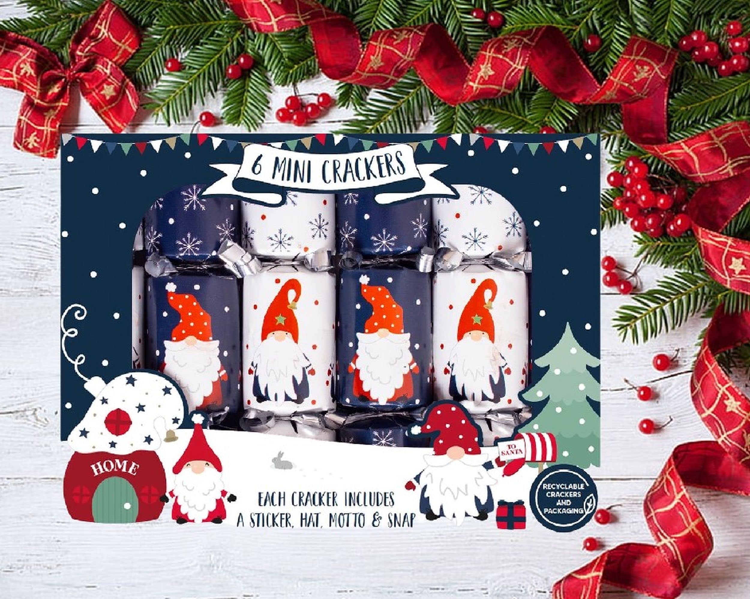 Shop4allsorts Multicolored 6 Mini Gonk Christmas Crackers - Cute Christmas Gonk Crackers - 6 Inch Christmas Crackers - Party Crackers - Small Christmas Crackers With Hat Motto And Snap.