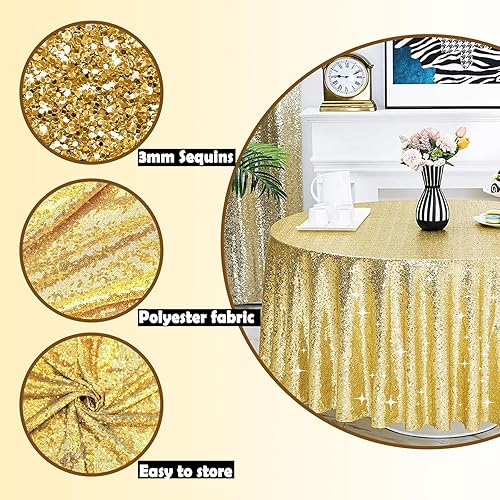 Miniatura 3 de 6 manteles de lentejuelas doradas de 50 pulgadas, mantel redondo dorado superpuesto, mantel redondo con purpurina dorada para bodas, fiestas, mesa
