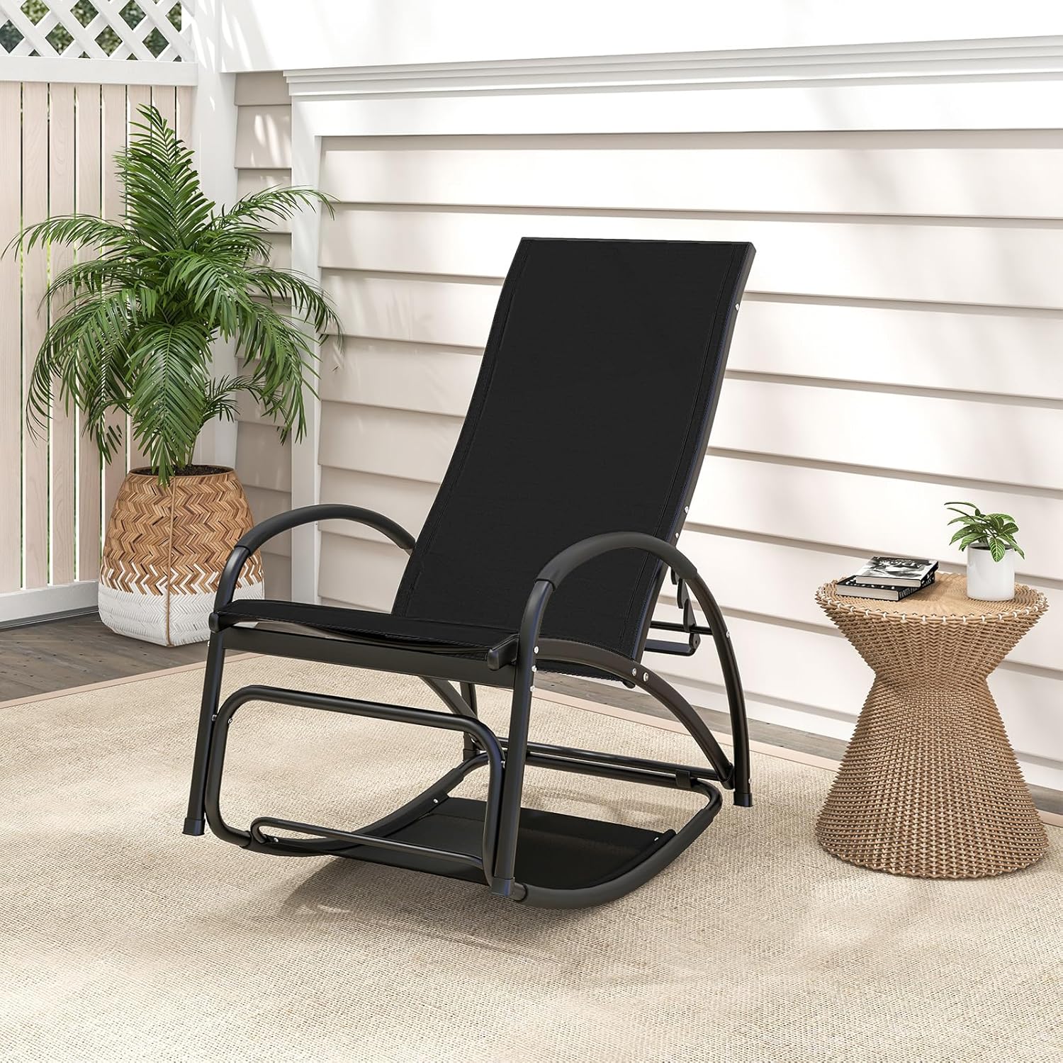 Giantex 2-in-1 Outdoor Rocking Chair, Convertible Lounge Chair with 4-Position Adjustable Backrest, Curved Armrests, Lightweight Aluminum Frame, Patio Lounger Rocker for Porch, Poolside, Black