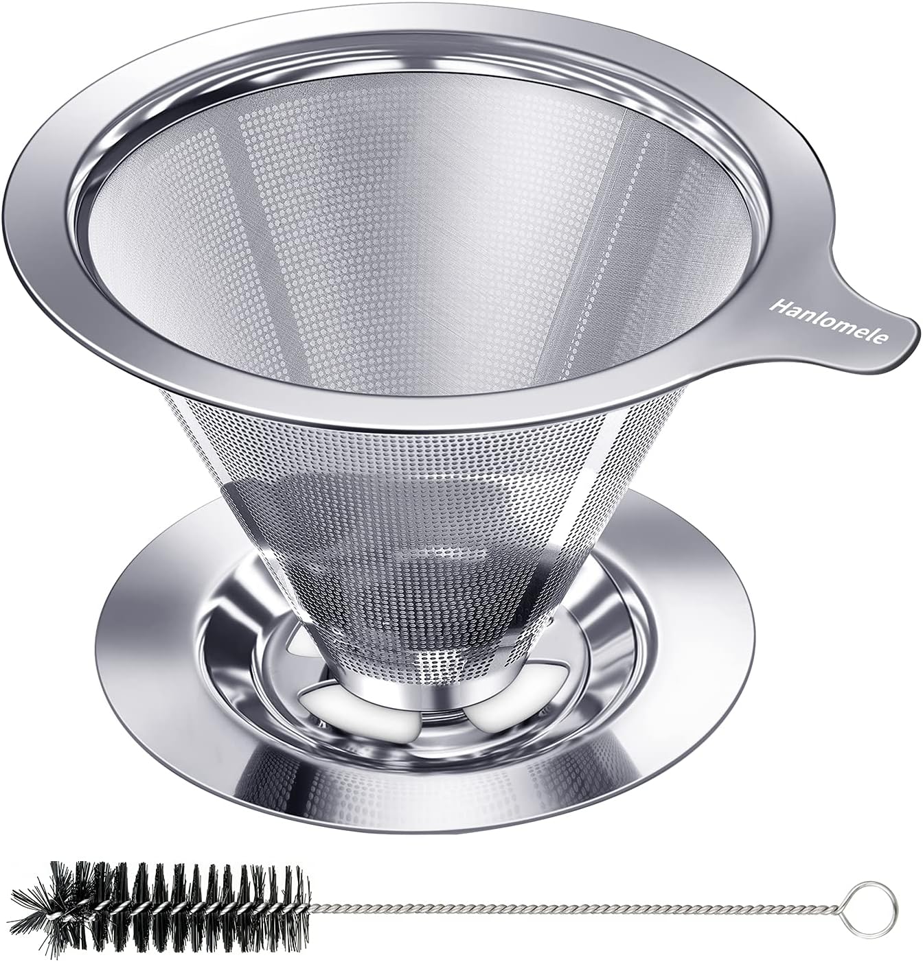Hanlomele Pour Over Coffee Dripper, Paperless Reusable Coffee Filter, Pour Over Coffee Maker for Single Cup Brew, Double Mesh Design of Stainless Steel Cone Filter for Perfect Extraction (1-2 Cup)