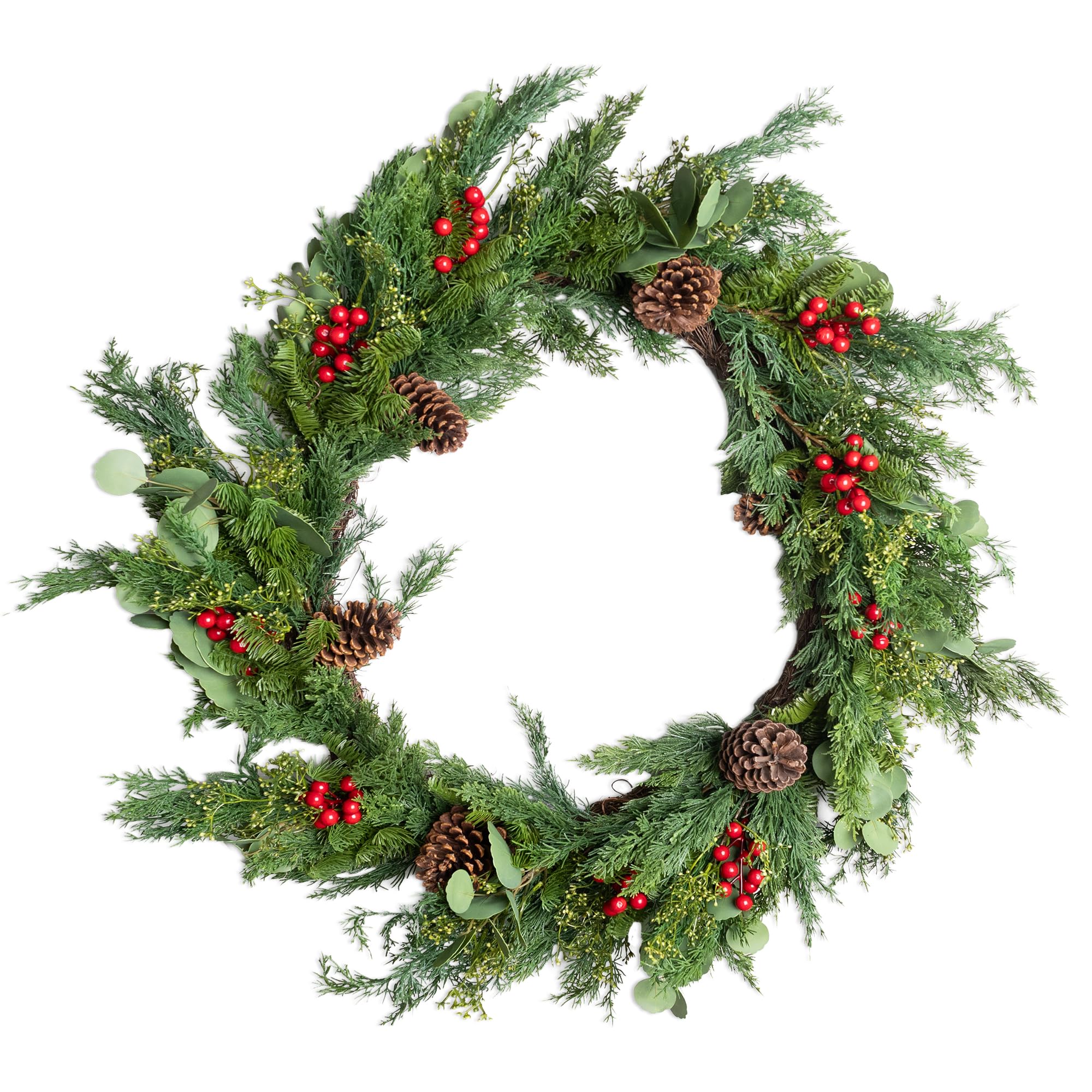 Shatchi Cedar Christmas Wreath 90cm Red Berry Pinecone Artificial Greenery