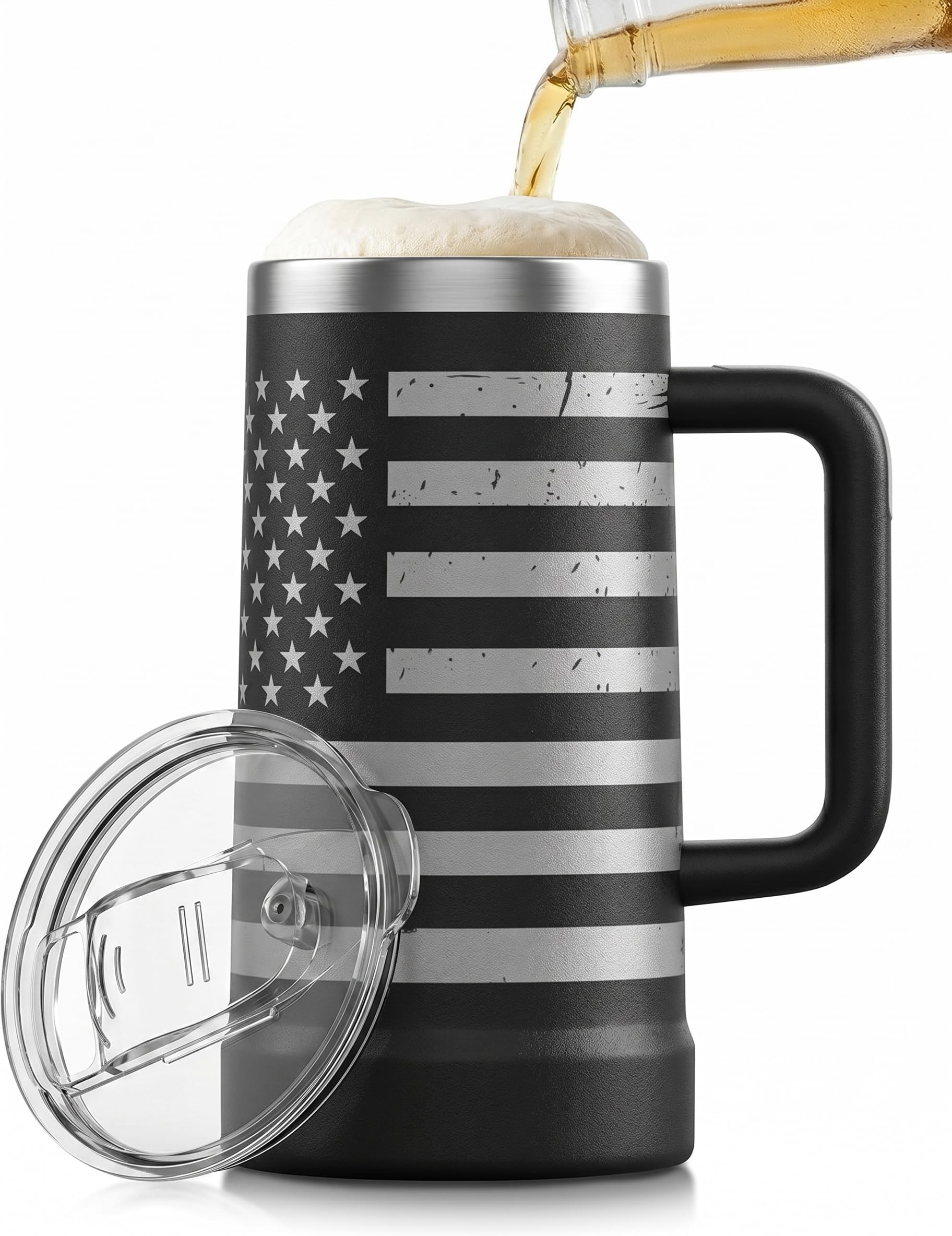 Hemli 24 oz Insulated Beer Mug with Lid - Ceramic Lined Stainless Steel Beer Stein - Triple-Wall Vacuum Insulated, Keeps Beer Ice Cold - Large Capacity, Leakproof Tritan Lid, Silicone Bottom