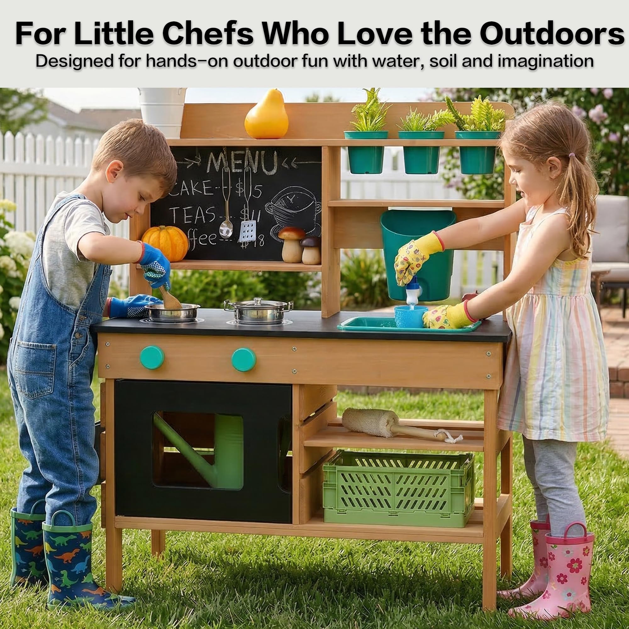Matschküche Kinder Outdoor, Holz Spielküche mit Wasserhahn Wasserfunktion | Kinderküche für Kinder Zubehör, Spüle, Herd, Waschbecken Kinder, Mud Kitchen Gartenspielzeug für Jungen Mädchen ab 3 Jahren