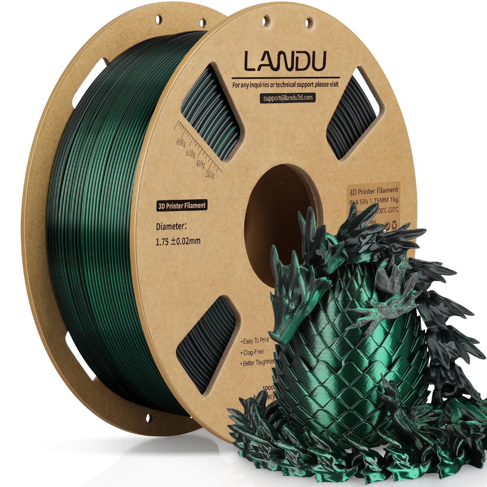 LANDU Silk Dual Color PLA Filament 1.75mm 1KG, 3D Printer Filament Dimensional Accuracy +/- 0.02mm, Coextrusion Filament PLA Shiny Filament Fits for Most FFF 3D Printers,1KG Spool,Black Green