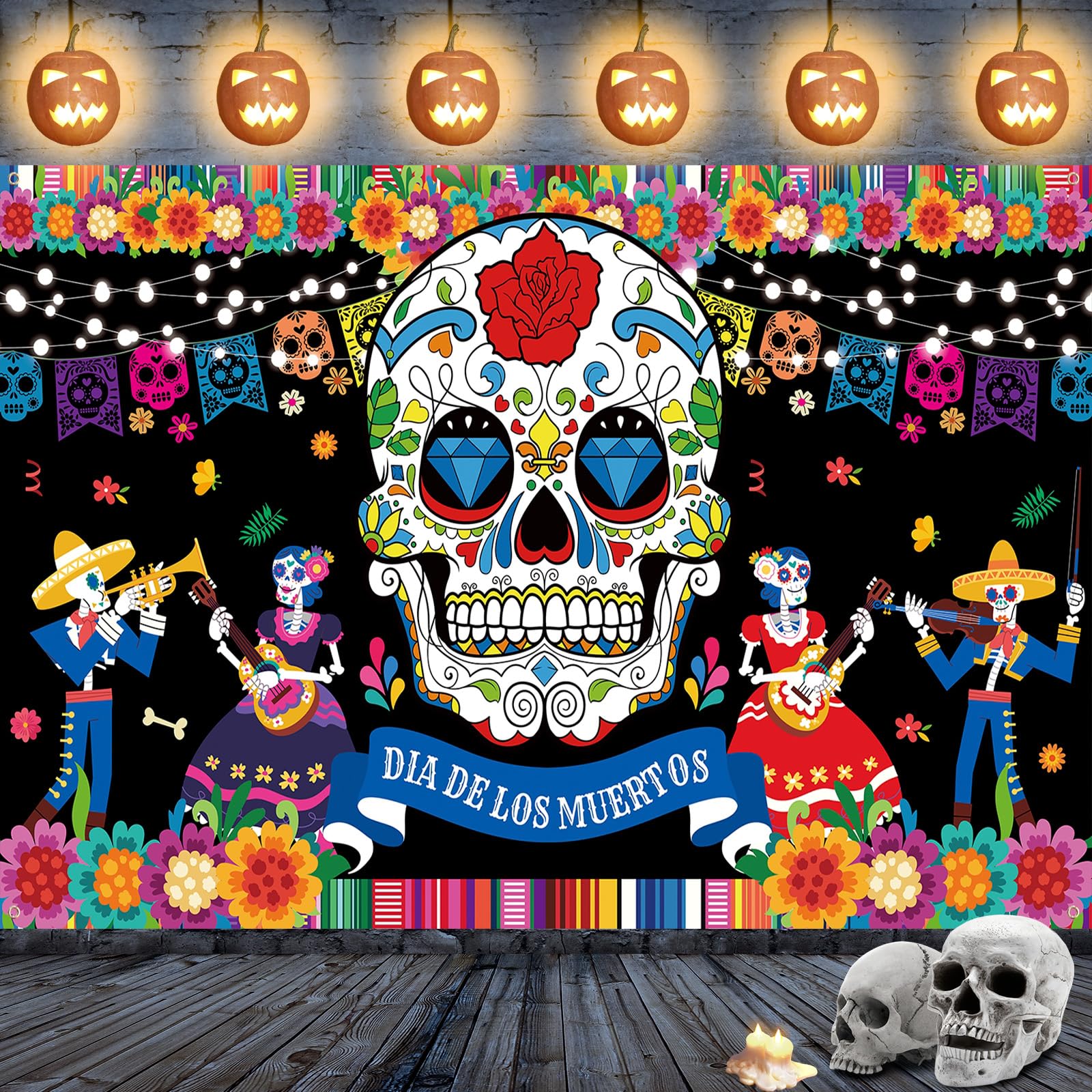 Jobkoo Day of The Dead Banner Extra Large Dia De Los Muertos Backdrop Banner Happy Halloween Banners Sugar Skull Flower Outdoor Flag Yard Sign Background for Halloween Decoration Mexican Fiesta Party