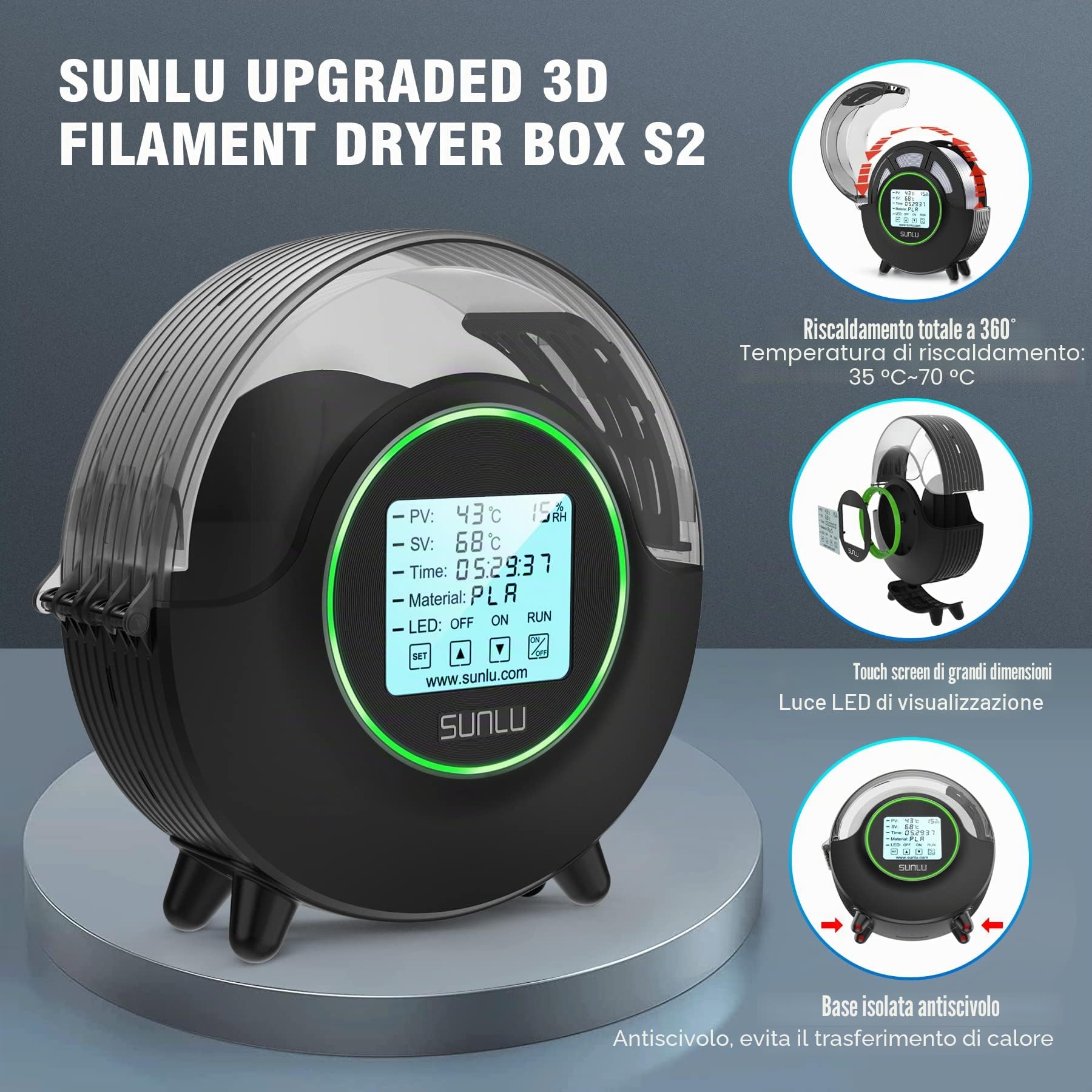 SUNLU Essiccatore Filamento per Stampante 3D S2, Filament Dryer Box Mantiene il Filamento Asciutto Durante la Stampa 3D, Riscaldamento Rapido Uniforme a 360°, Supporto per Bobina, Filadryer S2 Nero