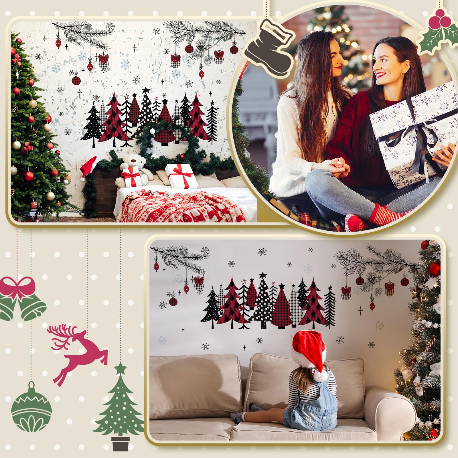 Qeeenar 3 hojas de calcomanías de pared de Navidad, calcomanías de Navidad para ventana, calcomanías de árbol de Navidad, calcomanías de pared extraíbles para invierno, sala de estar, decoración de