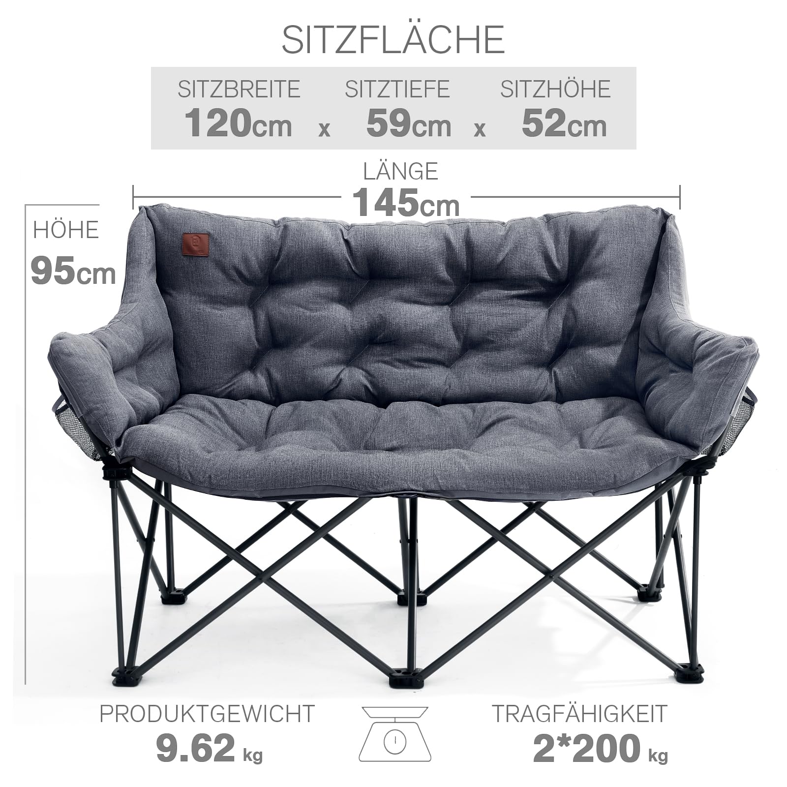 EVER ADVANCED Campingstuhl Faltbar 145cm Breit für 2 Personen Faltsofa 400KG Belastbar, Campingsofa Dick Gepolstert Klappstuhl 2 Sitzer Hohe Lehne Extra Breit für Outdoor Garten Balkon Indoor