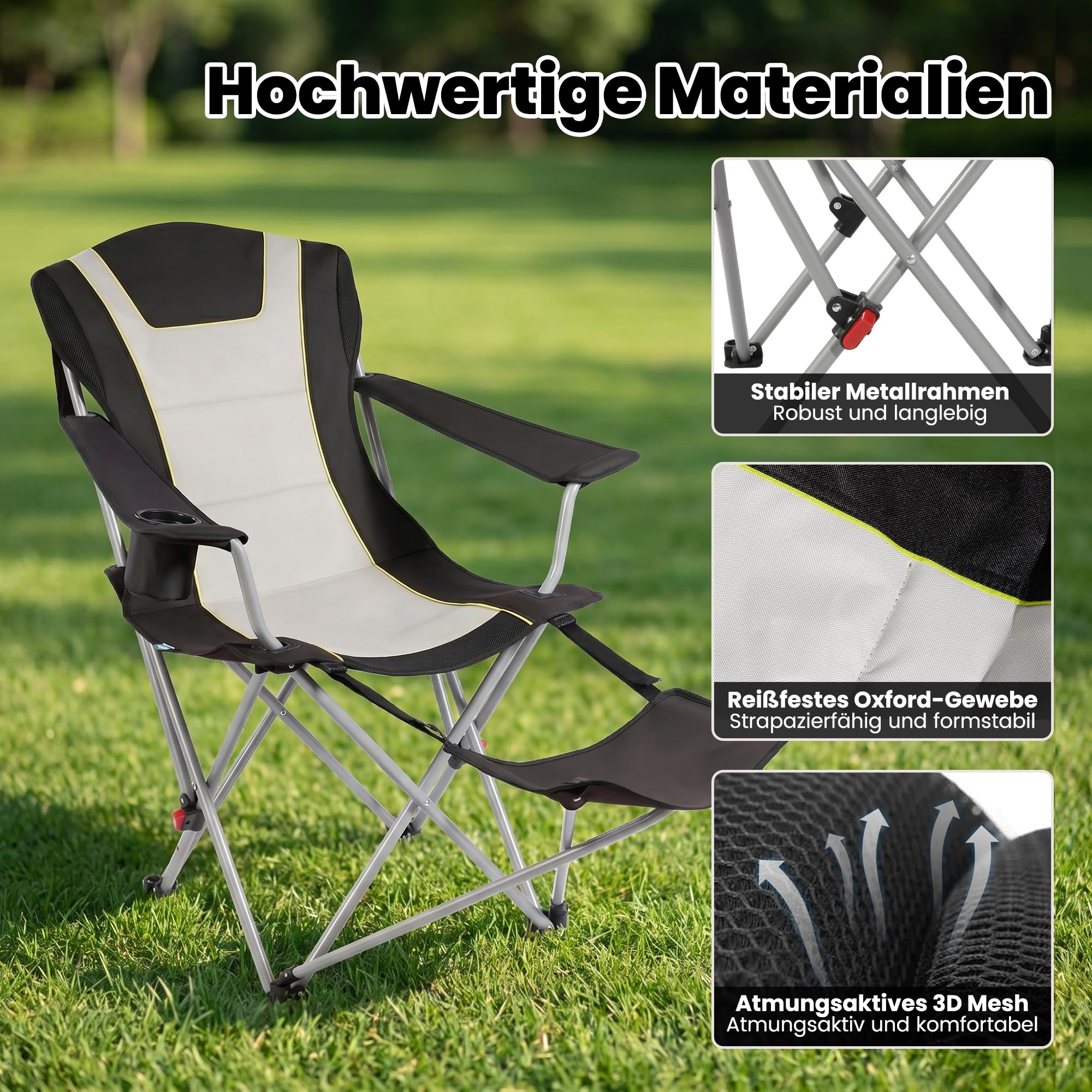 Homecall Sedia da campeggio pieghevole 2 in 1, con poggiapiedi, fino a 150 kg, sedia da pesca, pieghevole, con poggiatesta, portabicchieri e borsa per il trasporto, per campeggio all'aperto (1 pezzo)