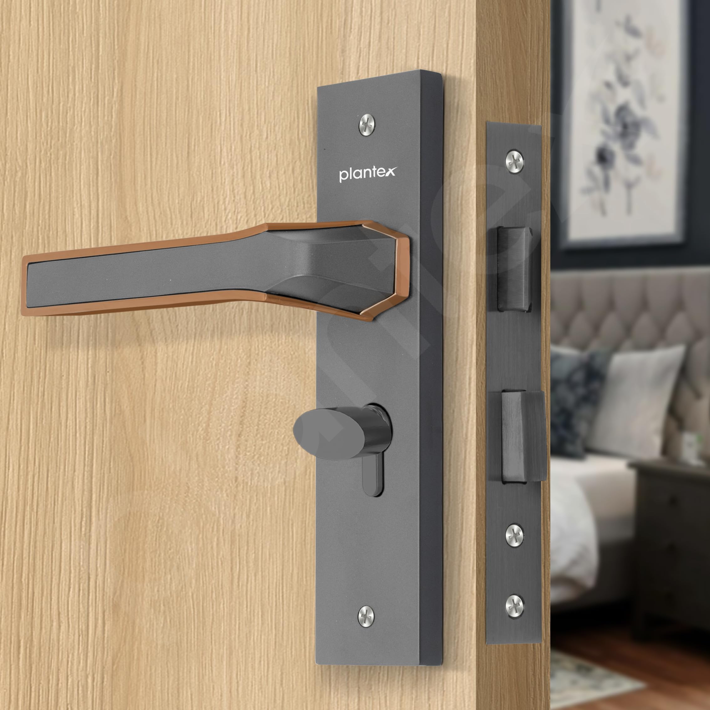 Plantex Heavy Duty Door Lock Set - Main Door Lock Handle Set/Mortise Locks with 3 Keys, Brass Body & Cylinder (8126 - Grey & PVD Choco) — Amazon image 4
