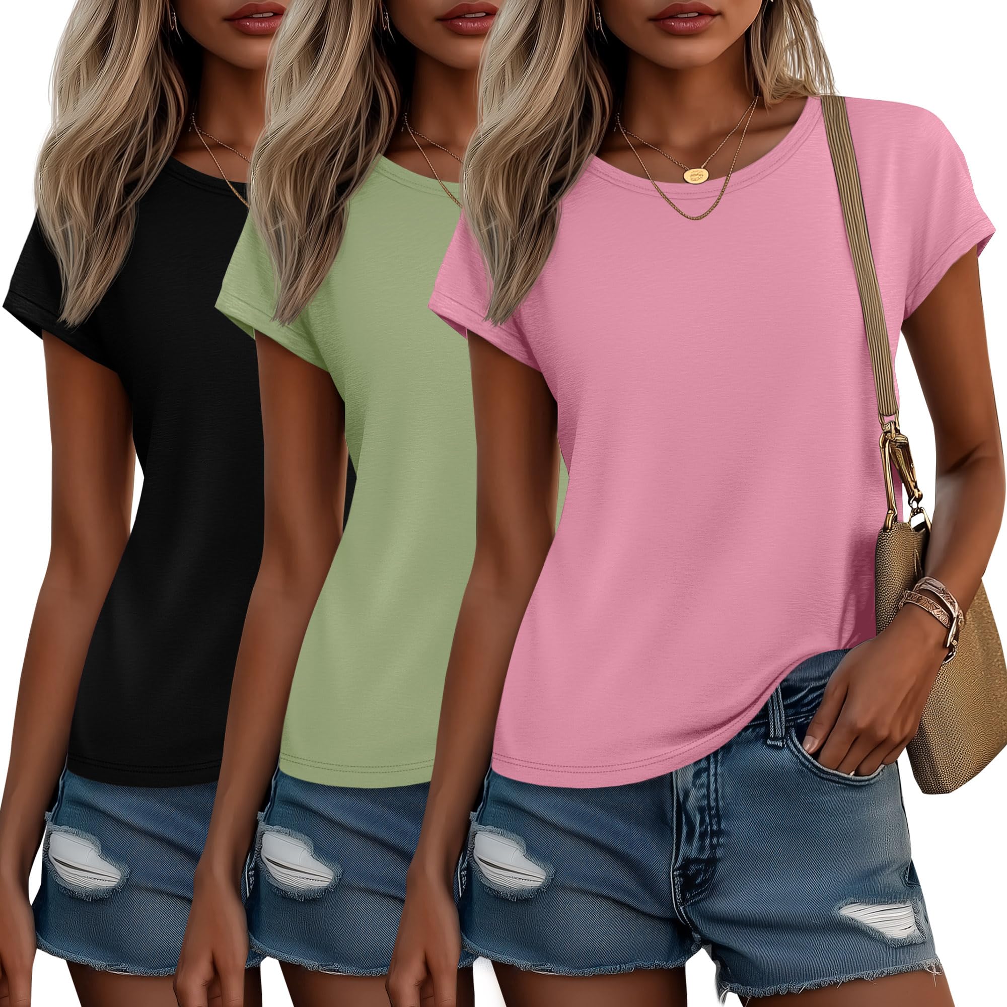 Huukeay 3 Pack Women's Cap Sleeve Tops Basic Tee Shirts Summer Casual Crew Neck Trendy Clothes 2026 Fashion