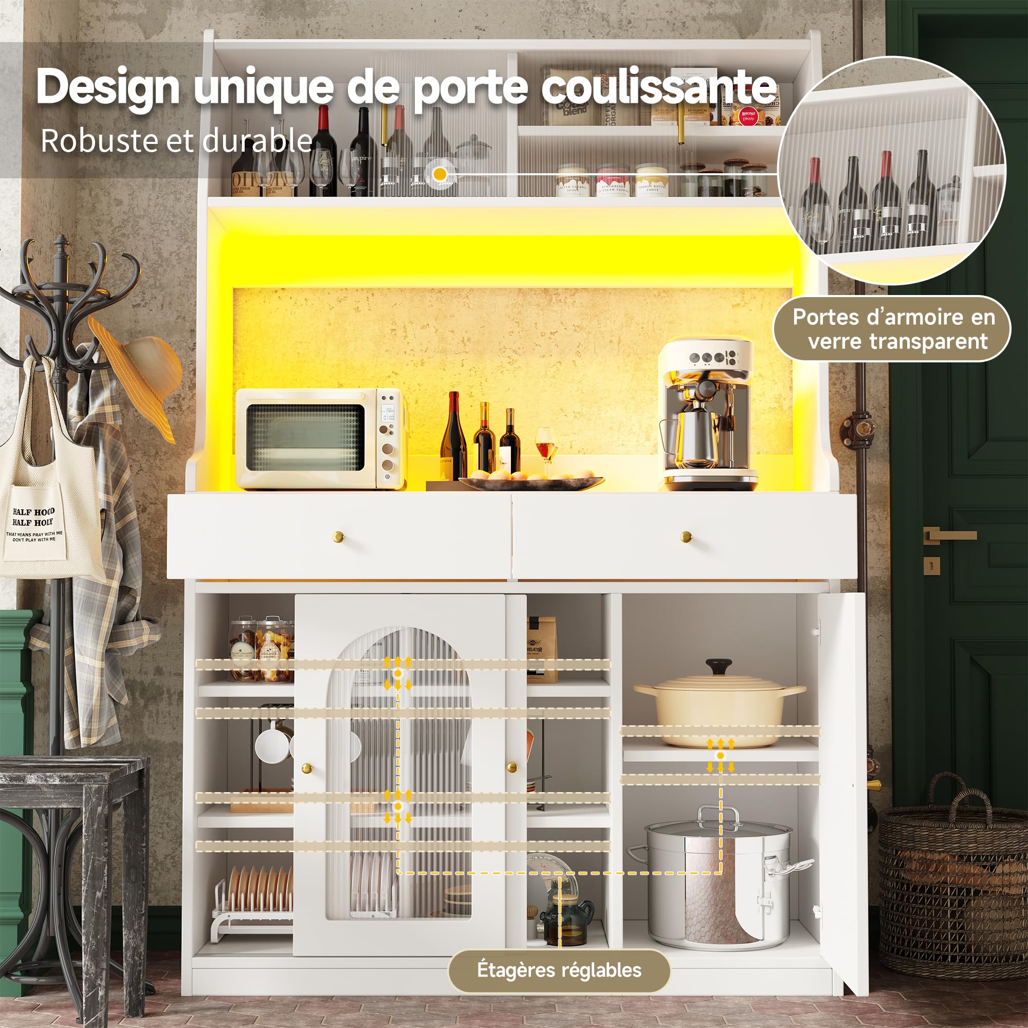 Armadio alto a buffet con ripiani regolabili, armadio da cucina con 2 cassetti, credenza con illuminazione a LED, colori luce variabili, 120 x 40 x 180 cm (bianco)