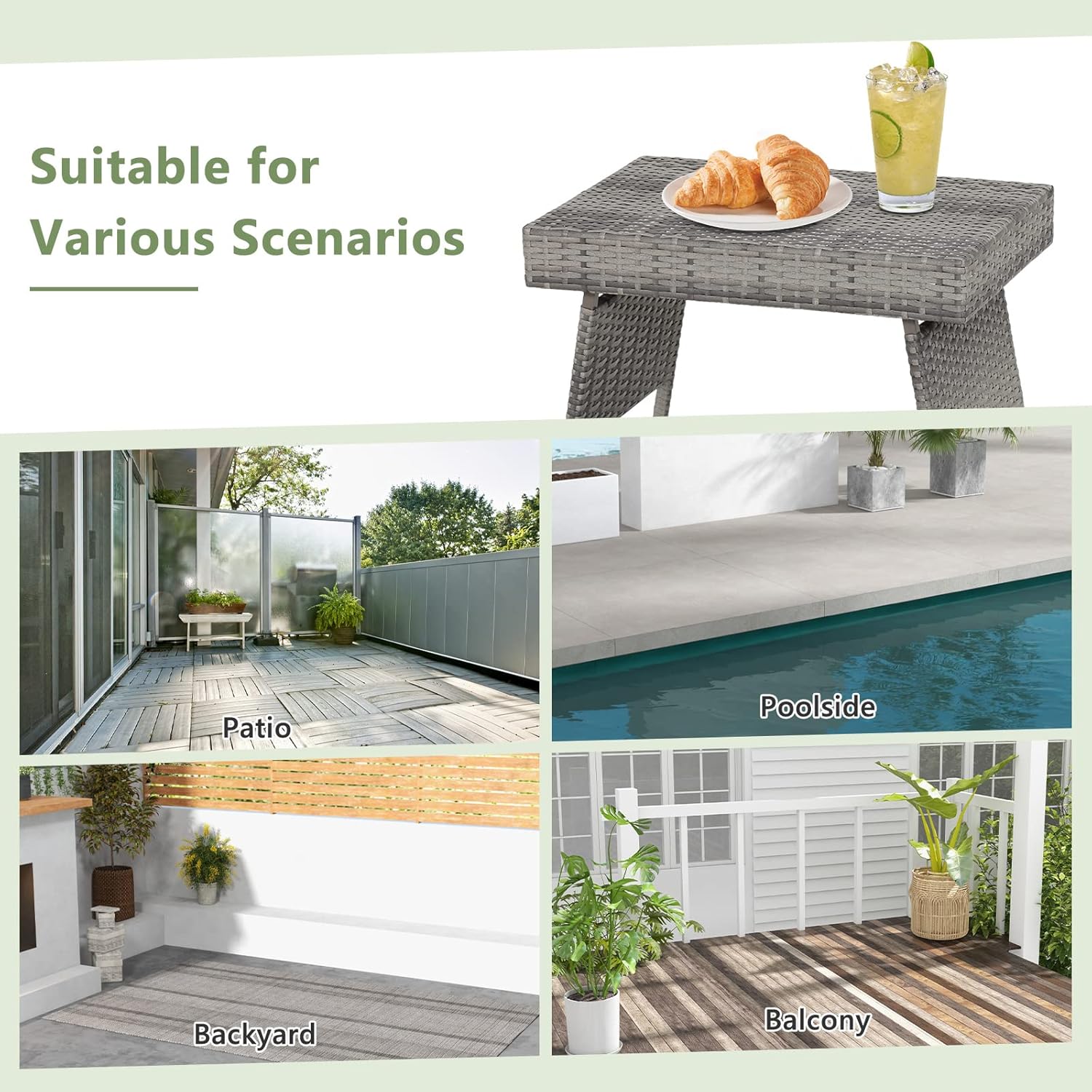 Outdoor Side Table for Patio, Folding PE Rattan End Table with Metal Frame, Portable Wicker Coffee Table for Garden Porch Balcony Deck Poolside (Grey)