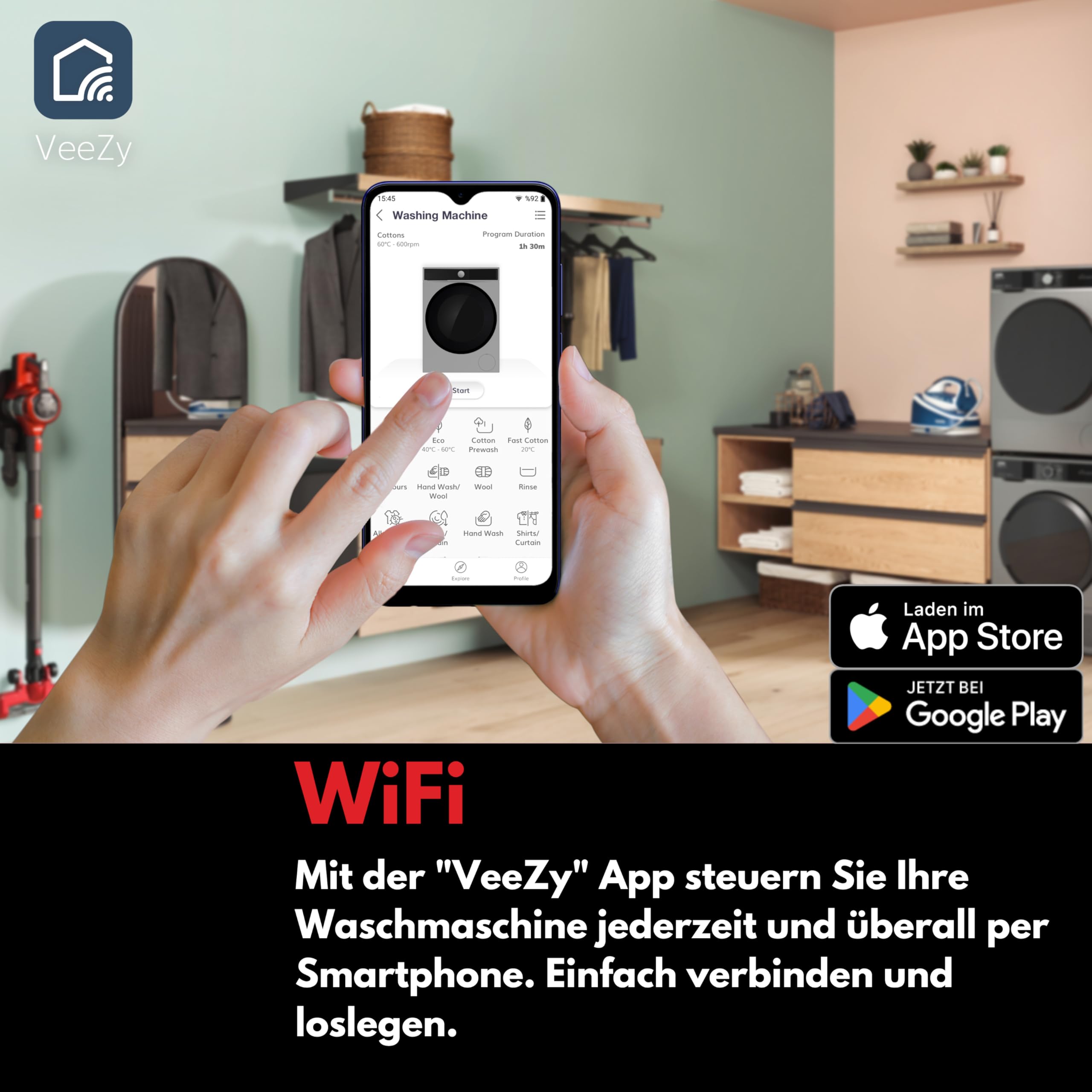 VESTEL WMI 109342 WIFI Waschmaschine 10 kg Frontlader – WLAN-fähig, Inverter-Motor, Energieklasse A, 1400 U/min, Schnellprogramm, leise, App-Steuerung, unterbaufähig, weiß