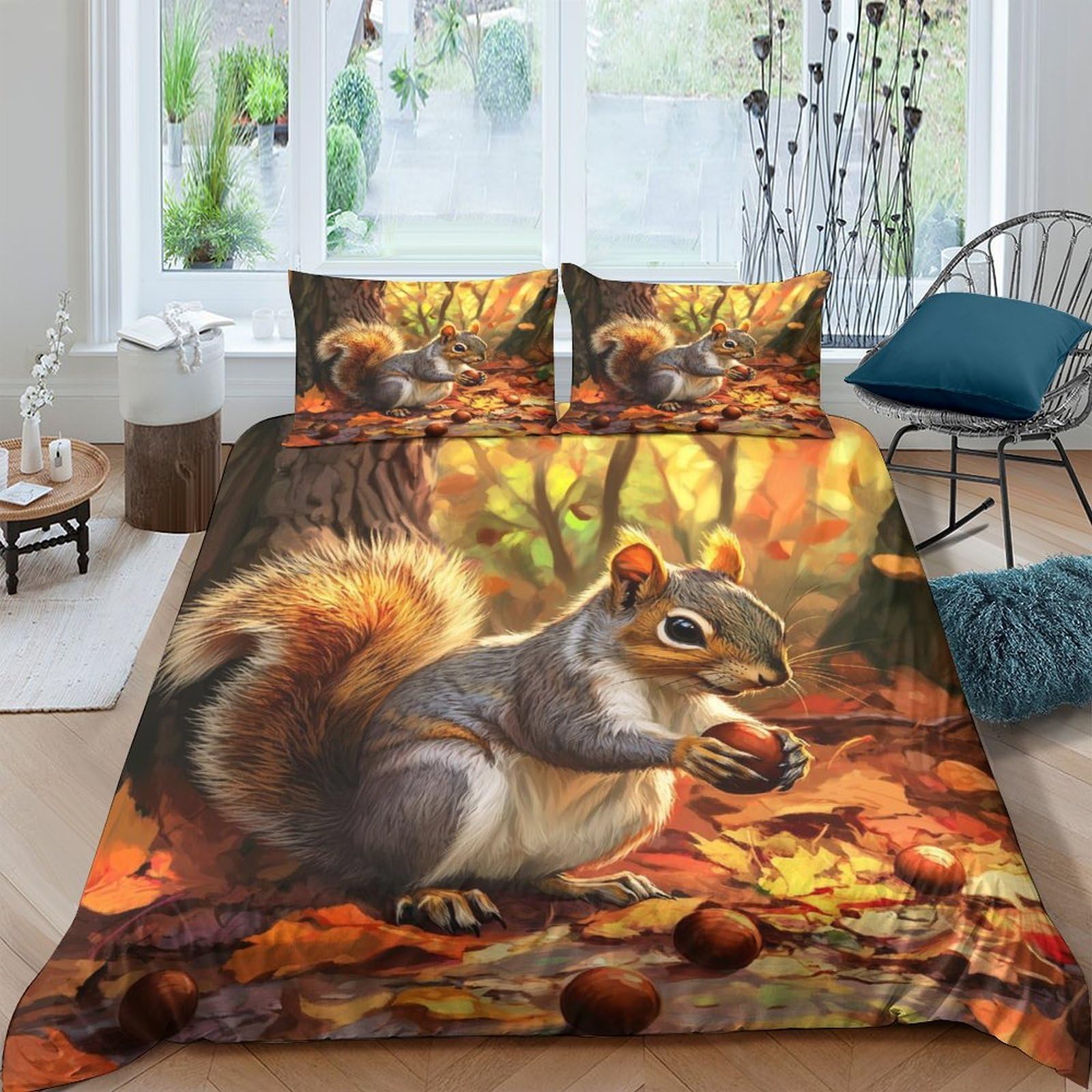 Ctjqhvkz Style-7 3D Printed Squirrel Forest Fitted Sheet Microfiber Soft Autumn Leaves Bed Cover For Bedroom Dorm Mattress Decor Single（135X200cm）