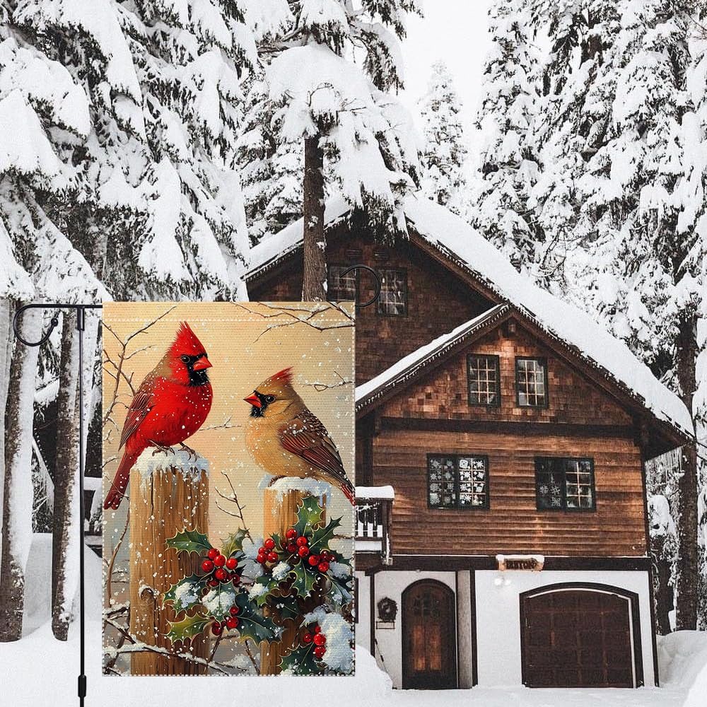 Winter Scene Garden Flag Double Sided Burlap Vibrant Red and Brown Cardinals Snowy Decorative Outdoor Yard Banner 12x18 Inch - Image 5
