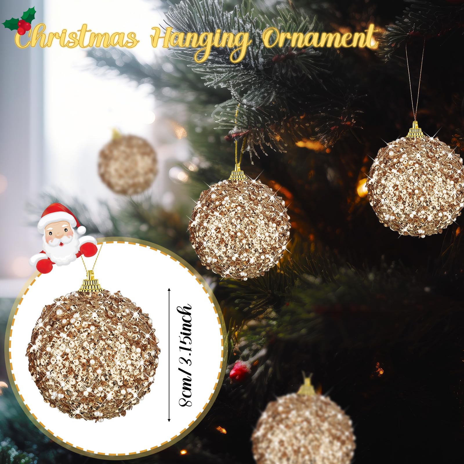 Liliful 16 adornos de bola de Navidad de 3.15 pulgadas con purpurina, decoraciones de árbol de Navidad, grandes adornos colgantes de Navidad para árbol de Navidad, boda, hogar, mesa, fiesta,