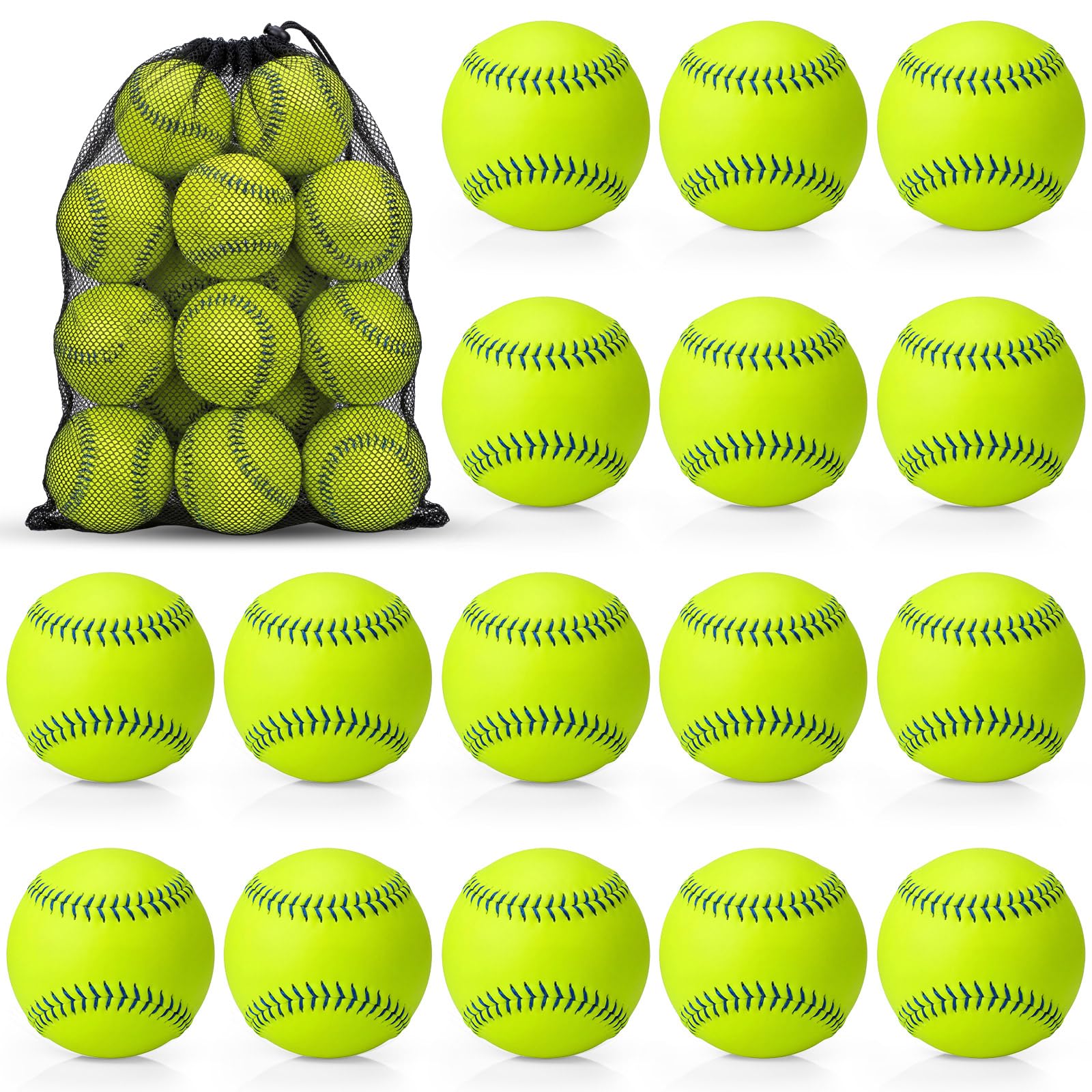 Photo 1 of Lewtemi 18 Pack 9/11/12" Yellow Sports Softballs Official Size & Weight Practice Slowpitch Softball with 1 Mesh Bag Unmarked Leather Covered Youth Fastpitch Ball for Game Practice Training(Blue,12")