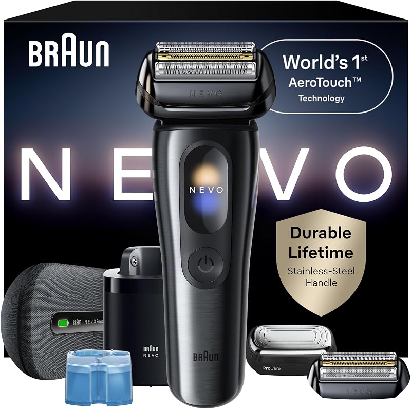 Afeitadora eléctrica para hombres NEVO con la primera tecnología AeroTouch del mundo, kit de valor premium, incluye pantalla inteligente, sistema de cuidado 7 en 1 y estuche de viaje eléctrico. Accesorio ProCare, cabezal de recarga de cuchillas, 17610C