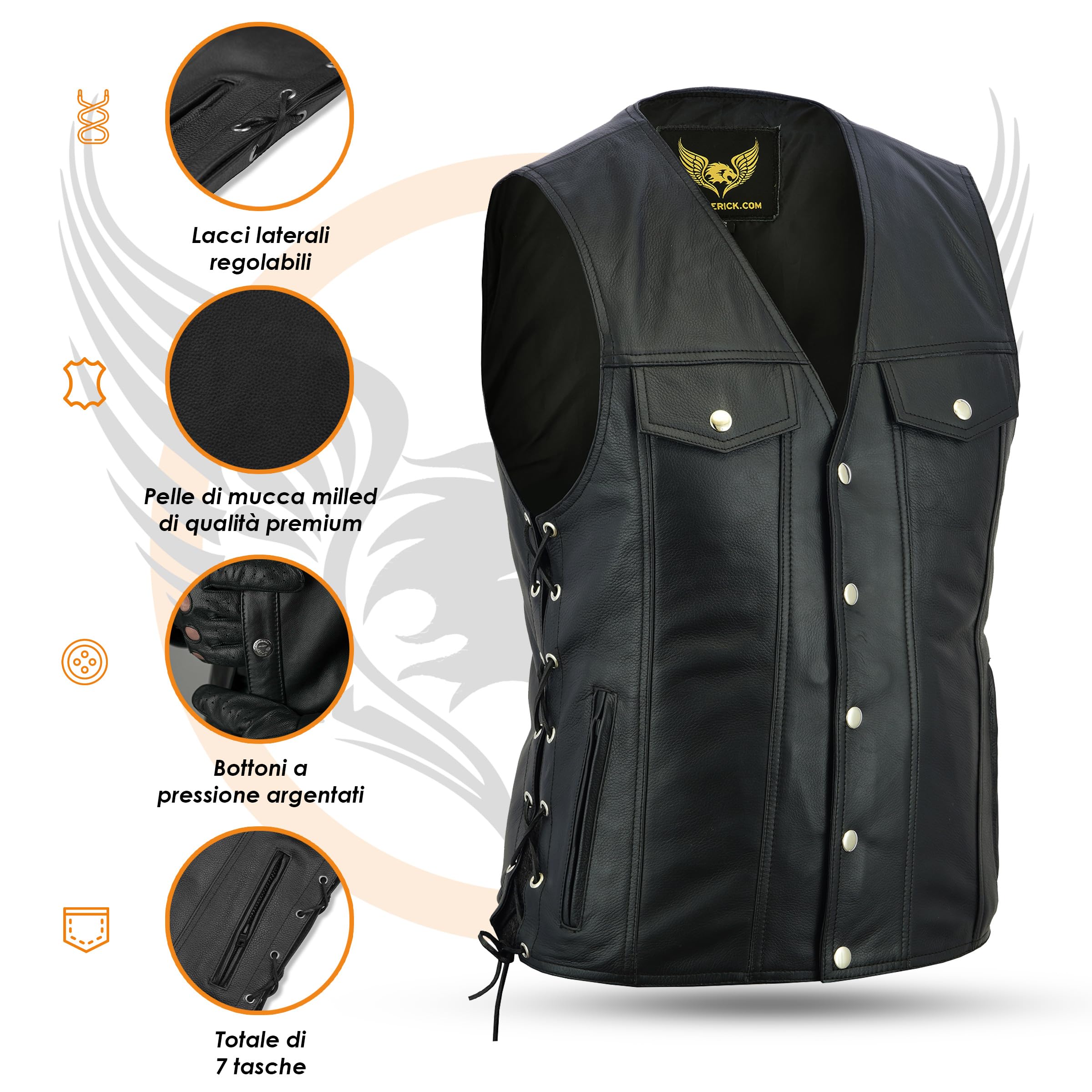Leatherick Gilet da motociclista unisex, in vera pelle, con lacci laterali e bottoni cromati, stile denim