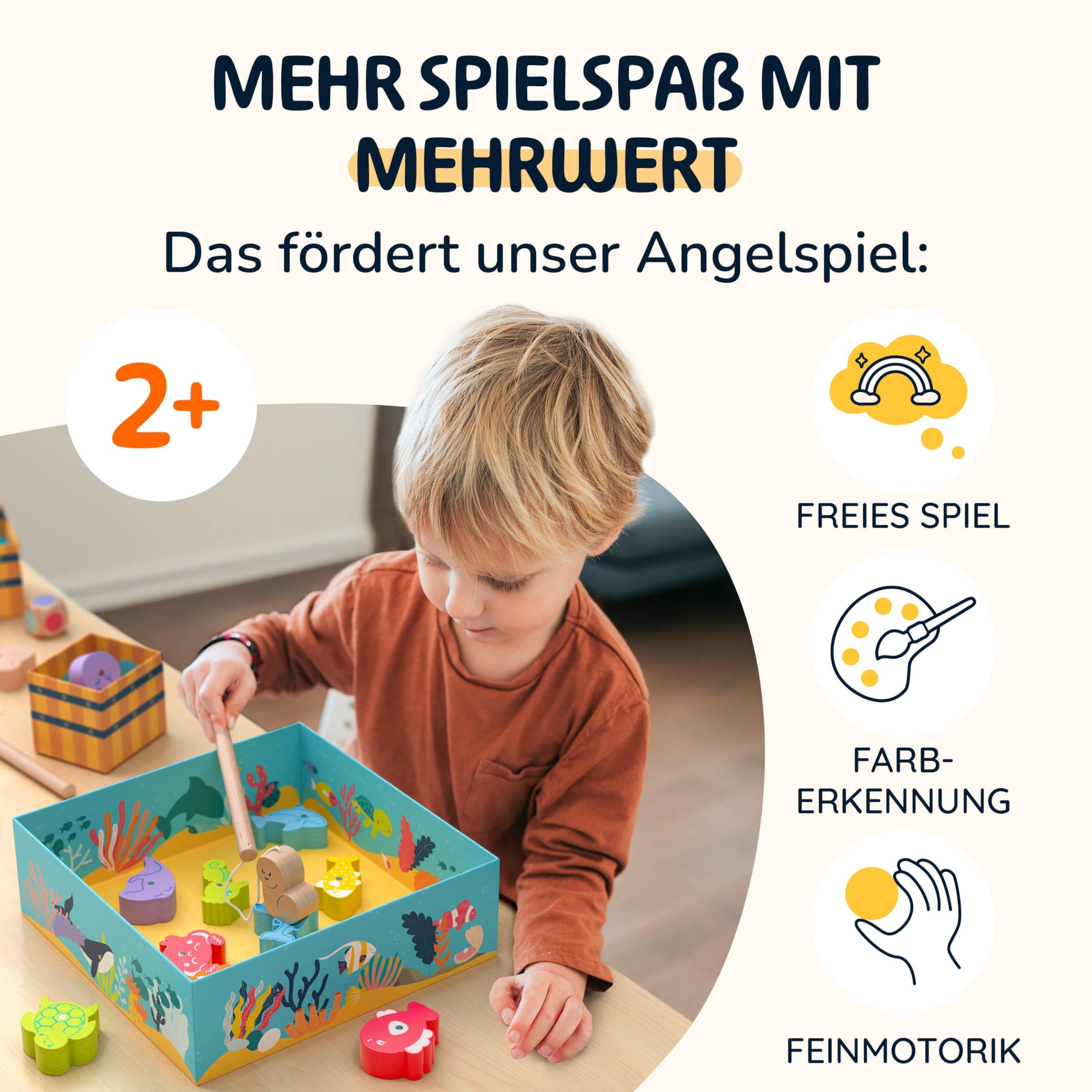 Merle Toys® Magnetisches Angelspiel ab 2 Jahre, 100% FSC, Angelspiel aus Holz mit 2 Angelruten, Montessori Spielzeug ab 2 Jahre, Fische Angeln Spiel, Geschenk für Mädchen und Jungen