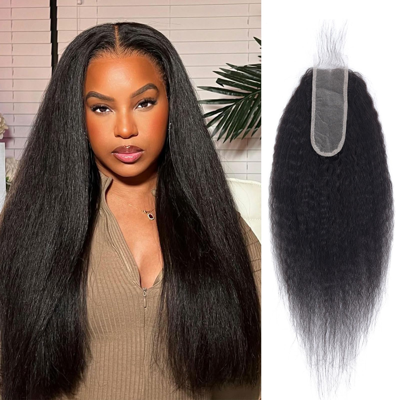 DSEKCAIN 2x6 Kinky Straight Lace Closure Human Hair Yaki Straight 2 by 6 HD Lace Closure Transparent 100% Human Hair Natural Black Color 10 Inch