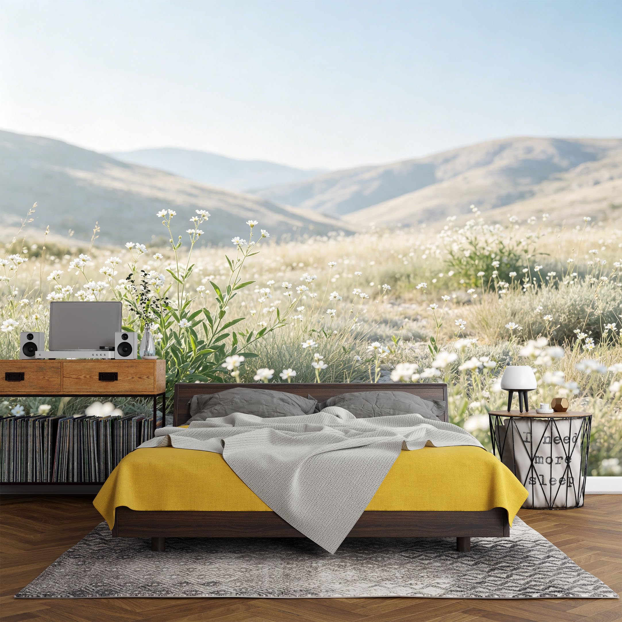 Custom Size Wall Mural， Landscape Mountain Meadow Wildflowers Nature Scenery，SelfAdhesive Art Prints wall Fabric (No PVC) Removable Wallpaper Living Room Decor