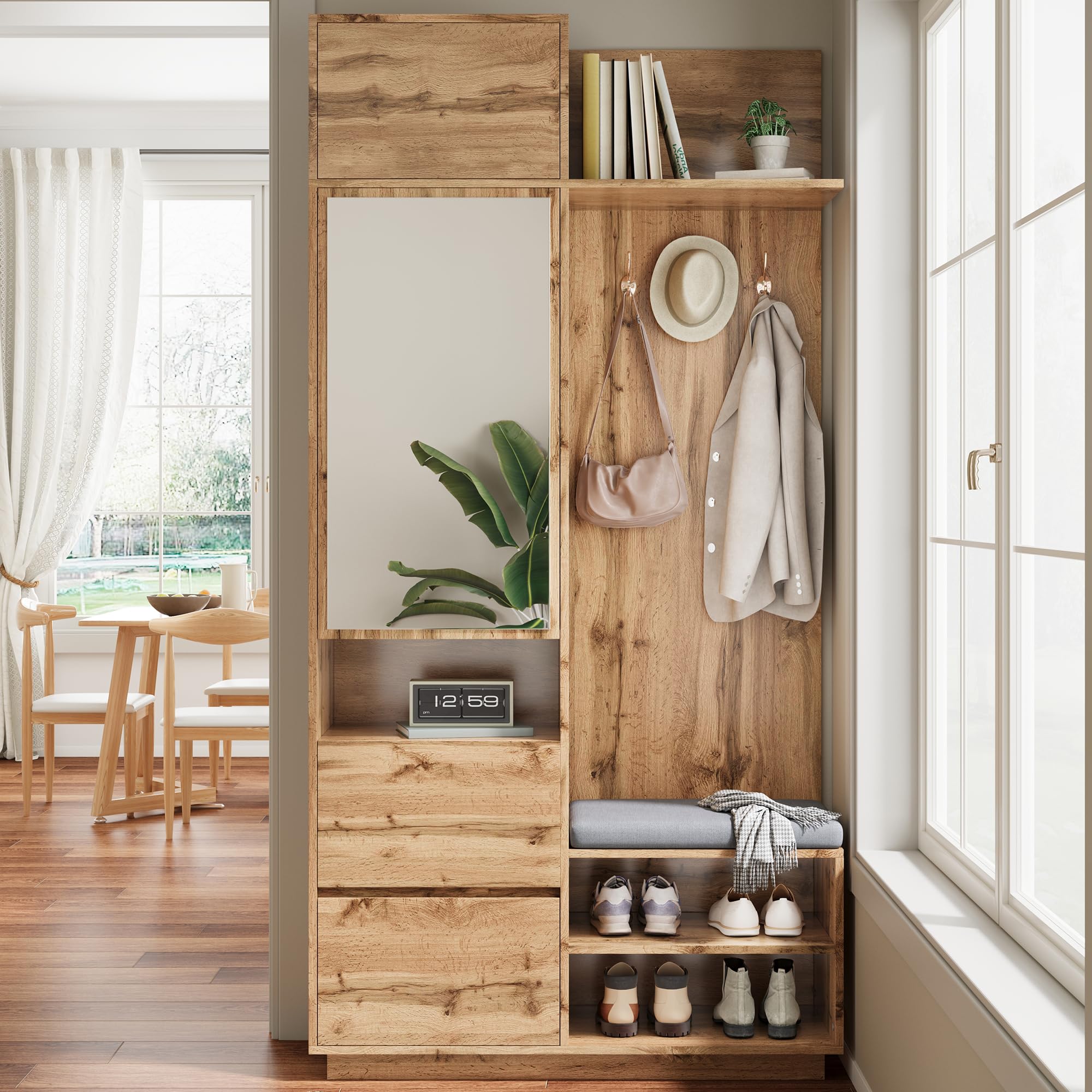 HAINEW Garderoben Set Wandgarderobe mit Spiegel und Sitzbank, Flurgarderobe Set Garderobenschrank mit Schuhschrank, Haken und 1 Schublade, 90×34,5×190cm, HNDE25120109 (Holzfarbe)