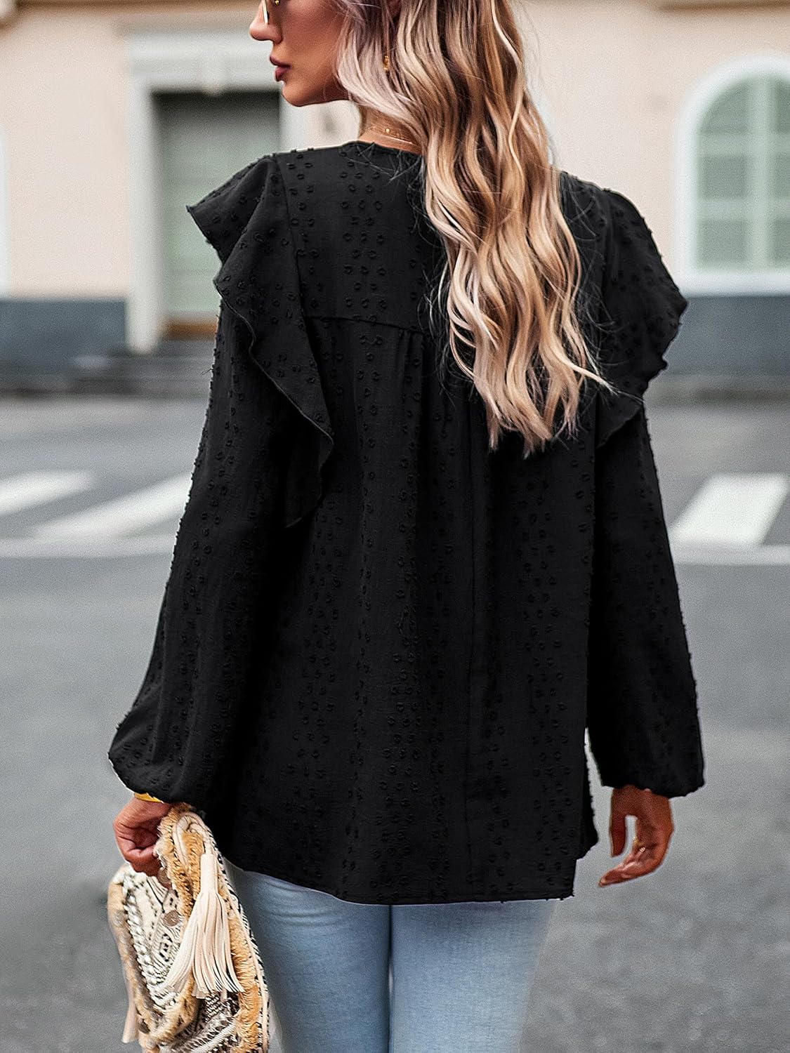 Women's Casual Tops Crewneck Lace Crochet Flowy Ruffle Shoulder Long Sleeve Blouses Shirts - Image 6