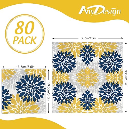 Miniatura 2 de AnyDesign Paquete de 80 servilletas de papel de Dalia de 6.5 x 6.5 pulgadas, azul marino, amarillo, plateado, flores, servilletas de cena,