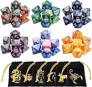 Polyhedral Dice, CiaraQ 6 x 7PCS(42 Pieces) Double-Colors Dice with 6 Gold Pattern Drawstring Pouches of D4 D6 D8 D10 D% D12 D20 Great For for Dragons and Dungeons Pathfinder MTG RPG DND Table Game