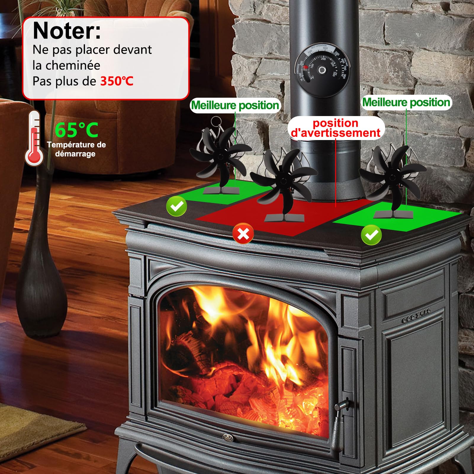 Ventilateur Poele à Bois 7 Pages: Fwiull Ventilateur à Poêle avec Thermomètre, Ventilateur Cheminée Alimenté Par la Chaleur, Ventilateur Bois à Granulés pour Brûleur/Bûches de Poêle,Cycle Silencieux