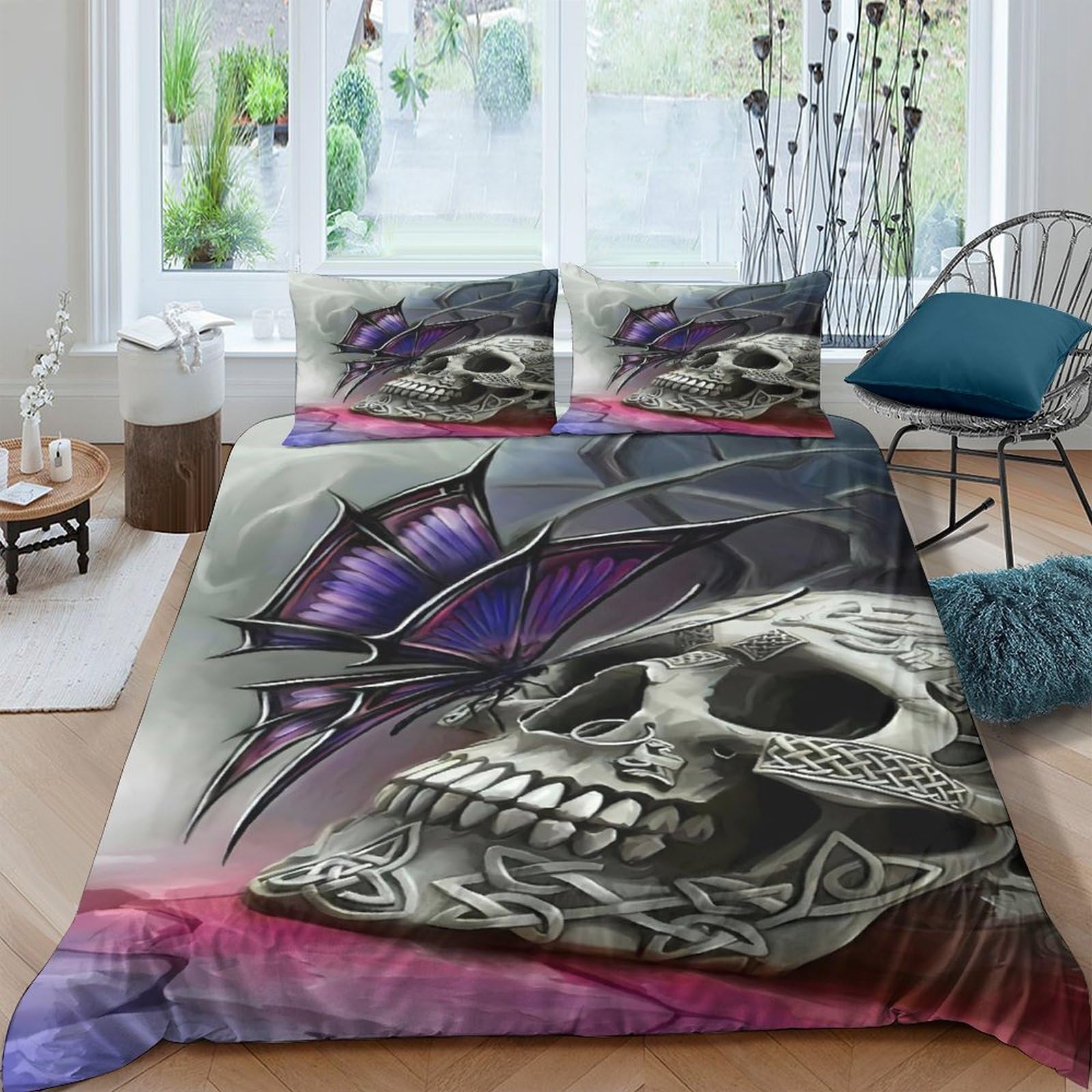 Ctjqhvkz Style-2 3D Printed Skull Butterfly Fitted Sheet Microfiber Soft Purple Gothic Bed Cover For Bedroom Dorm Mattress Protection Decor Single（135X200cm）