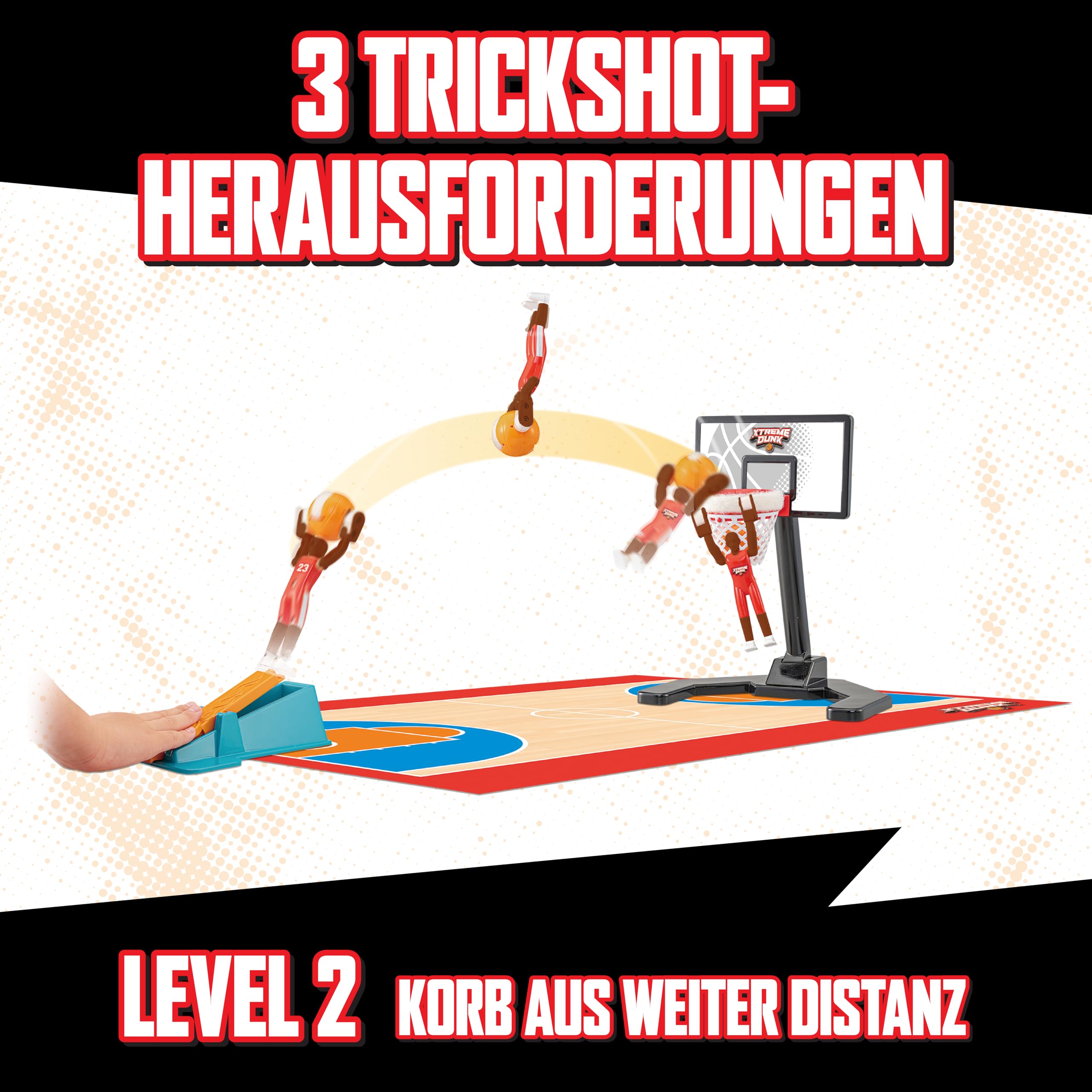TOMY Xtreme Dunk Basketballspiel, actionreiches Spielzeug für Kinder, mit Abschussrampe und Trickwurf-Funktion, Slam Dunks und Alley-Oops, für 1–4 Spieler, ab 6 Jahren, ohne Batterien