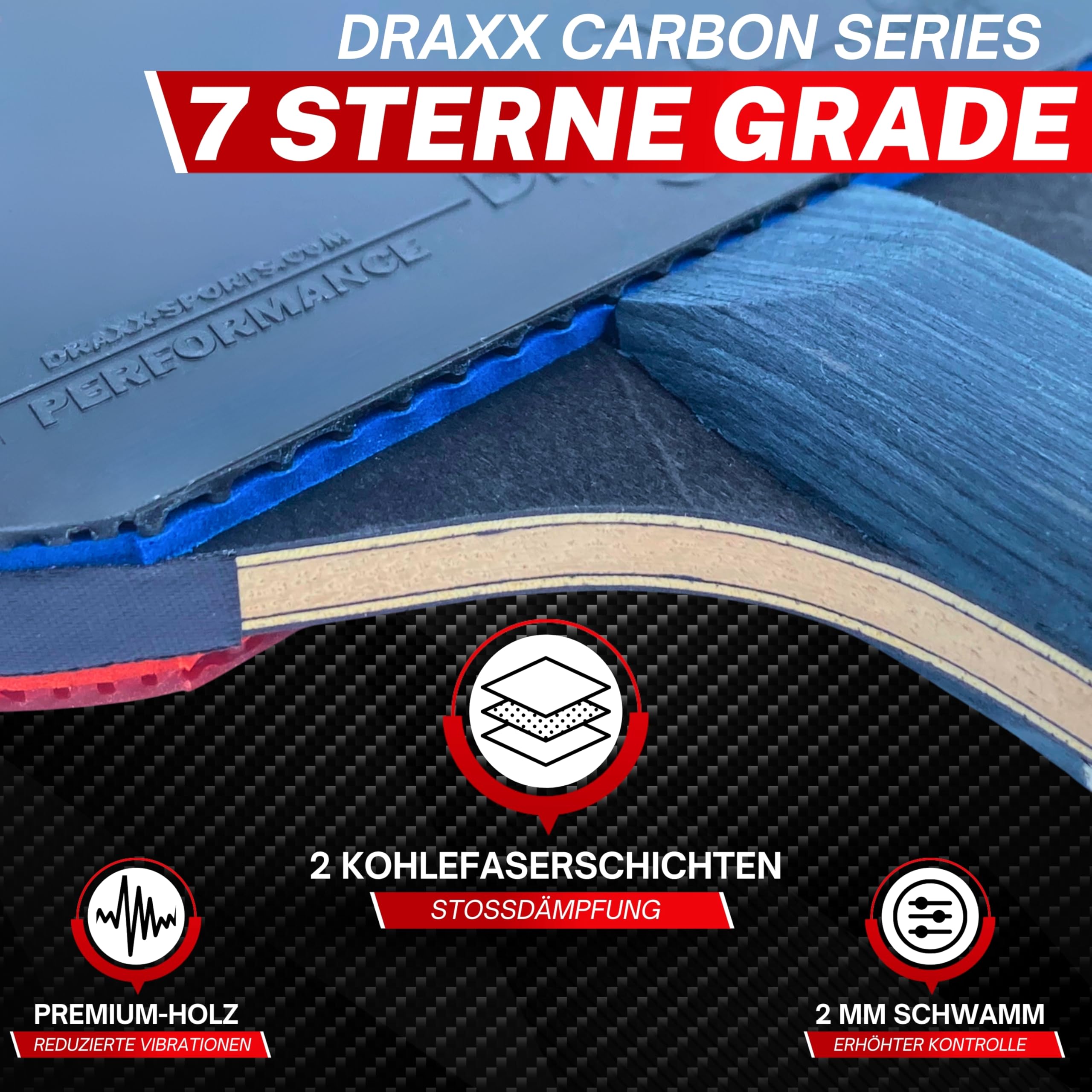Tischtennisschläger Carbon | Professioneller Carbon-Schläger für unvergleichliche Kontrolle, Spin und Power, Ultraleicht, 2 mm Schwamm und Hochleistungsbelag