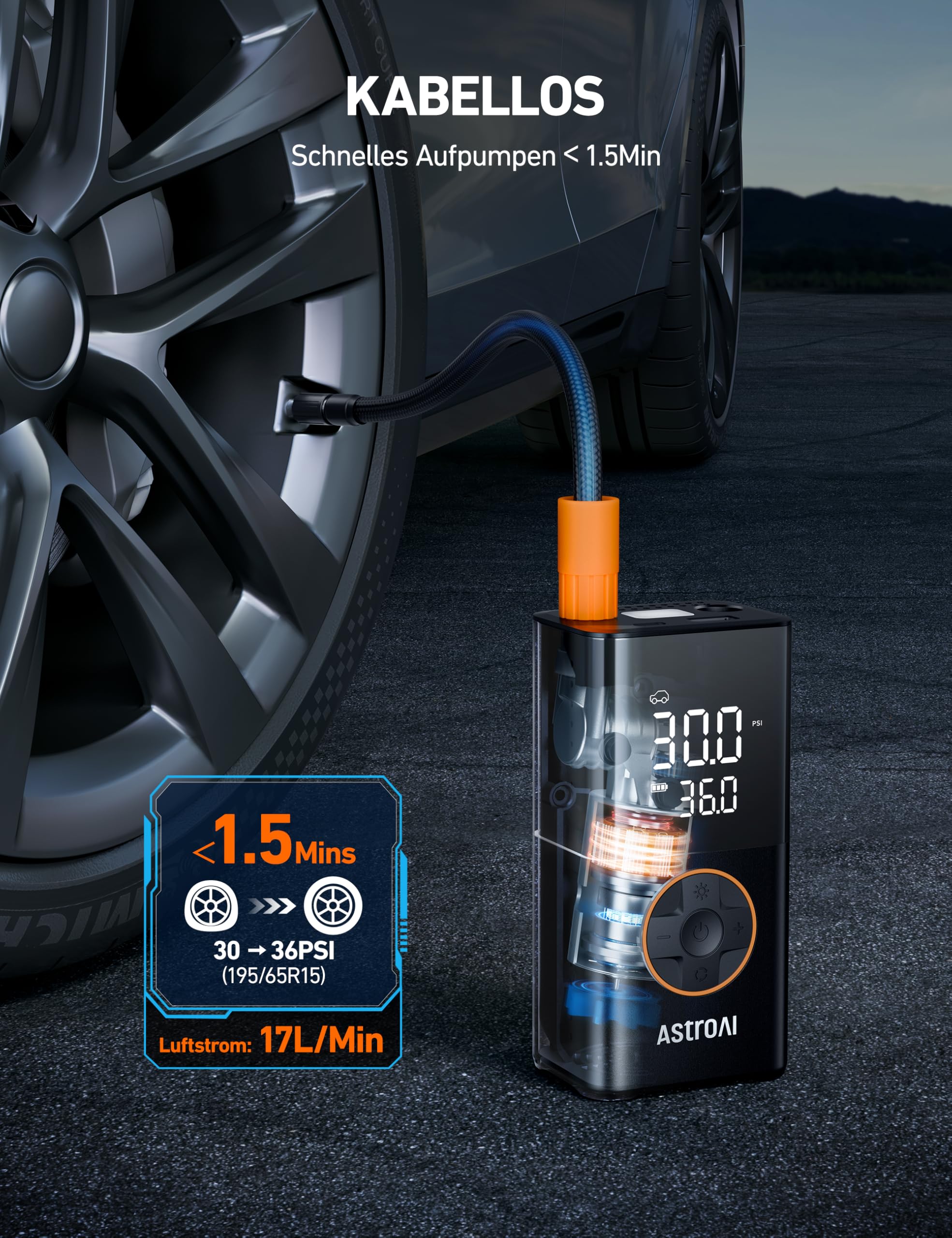 AstroAI Kabelloser Elektrische Luftpumpe, Tragbare Akku Fahrradpumpe mit alle ventile, LED-Licht, Wiederaufladbare Reifenpumpe für Fahrrad, E-Bike, Auto, Motorrad, Bälle, Schwarz - 2