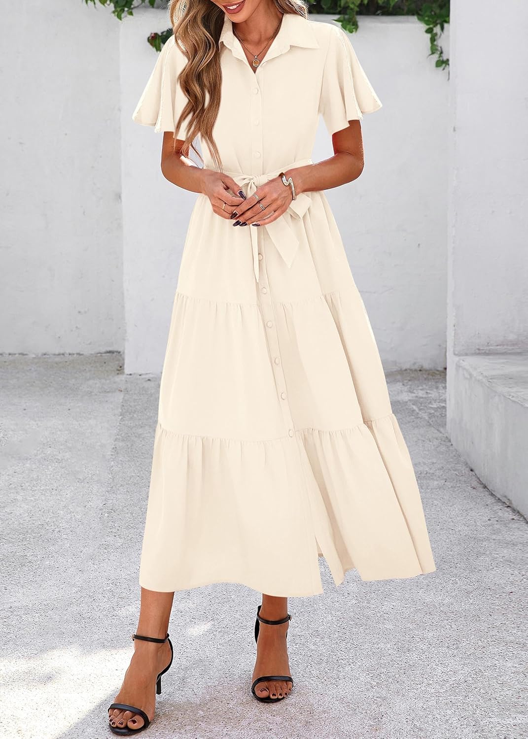 KIRUNDO Summer Button Down Wedding Guest Shirt Dresses for Women Maxi Flutter Short Sleeve Flowy Tiered Beach Sun Dress