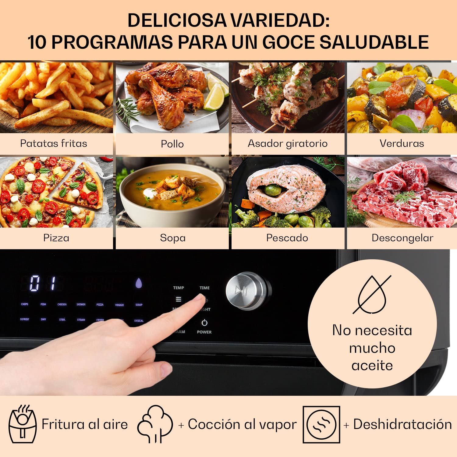 Klarstein Horno Freidora de Aire Caliente, de 2450W de Calentamiento Rápido para Cocina, Freidora Sin Aceite Compacta, Capacidad 18 l.., Fácil Limpiar, Freidoras Compactas, Air Fryer 10 Programas