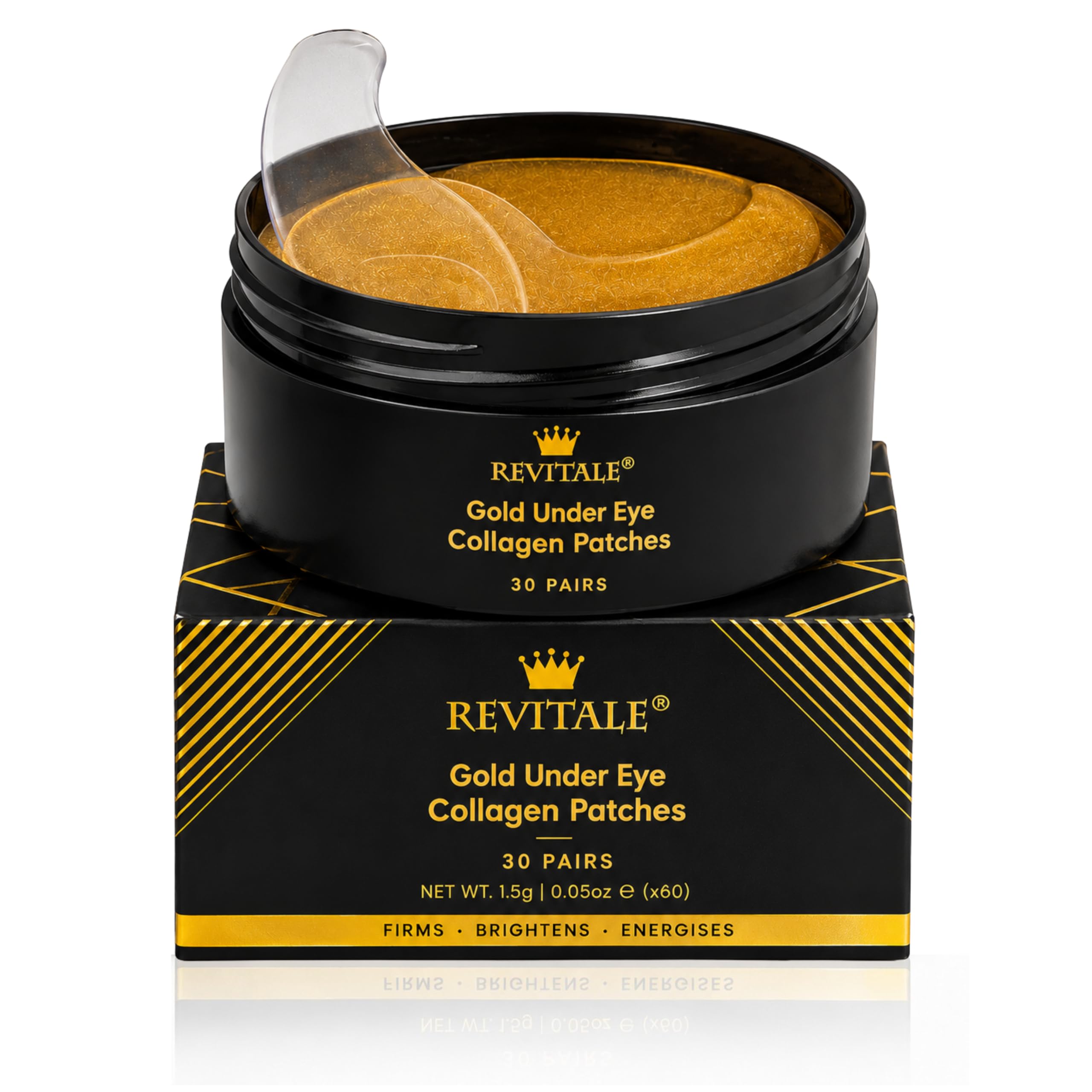 Revitale 24k Gold Under Eye Collagen Patches, reduzieren geschwollene Augen & Augenringe, beleuchten müde Augenmasken - Strafft, hellt, energetisiert (Glas - 30 Paar)